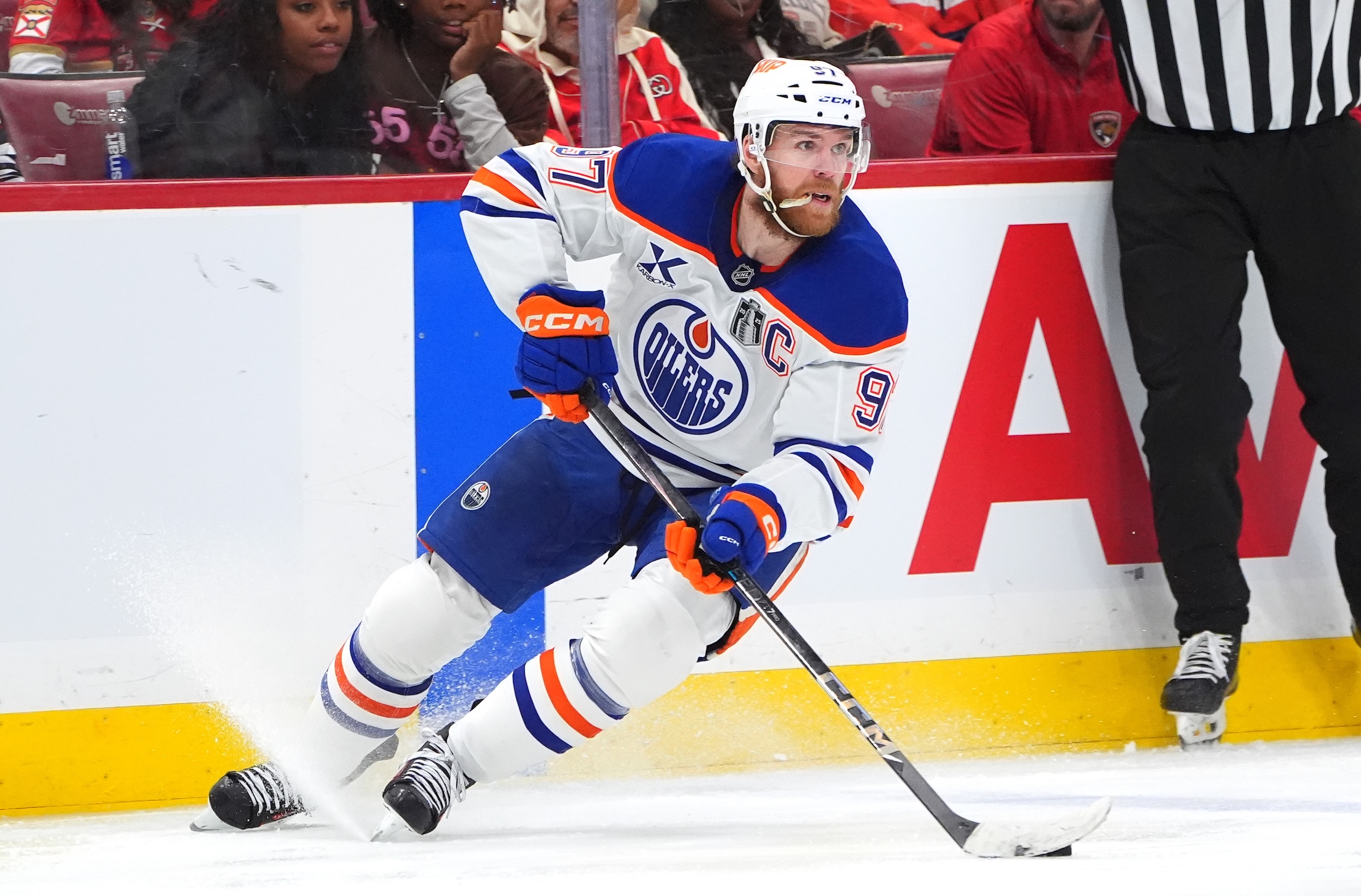 SUNRISE, FLORIDA - JUNE 17: Connor McDavid #97 of the Edmonton Oilers skates with the puck in the third period of Game Six of the 2025 Stanley Cup Final between the Edmonton Oilers and the Florida Panthers at Amerant Bank Arena on June 17, 2025 in Sunrise, Florida. (Photo by Brian Babineau/NHLI via Getty Images)