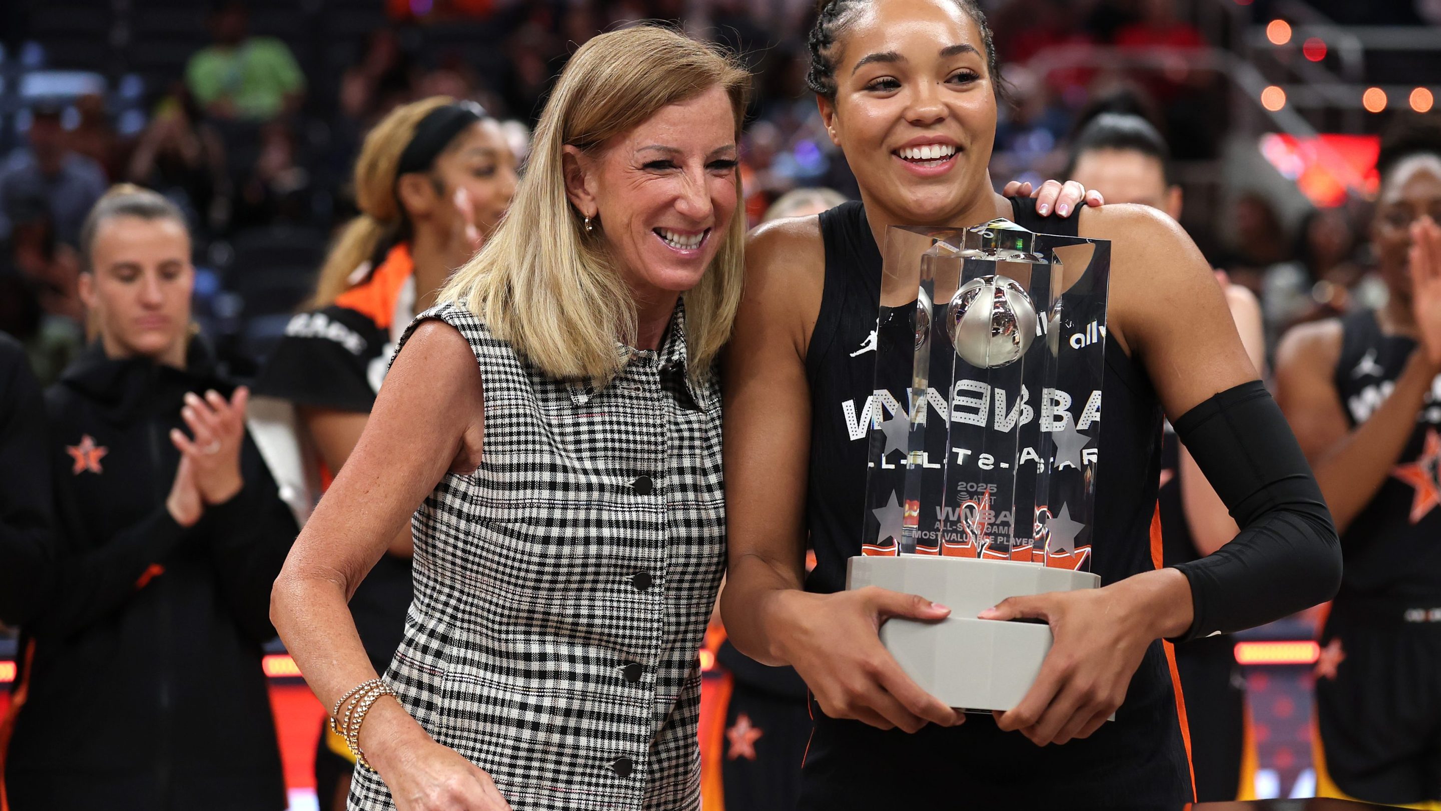 WNBA Commissioner Cathy Engelbert poses with MVP Napheesa Collier #24 of the Minnesota Lynx following the 2025 AT&amp;T WNBA All-Star Game at Gainbridge Fieldhouse on July 19, 2025 in Indianapolis, Indiana.