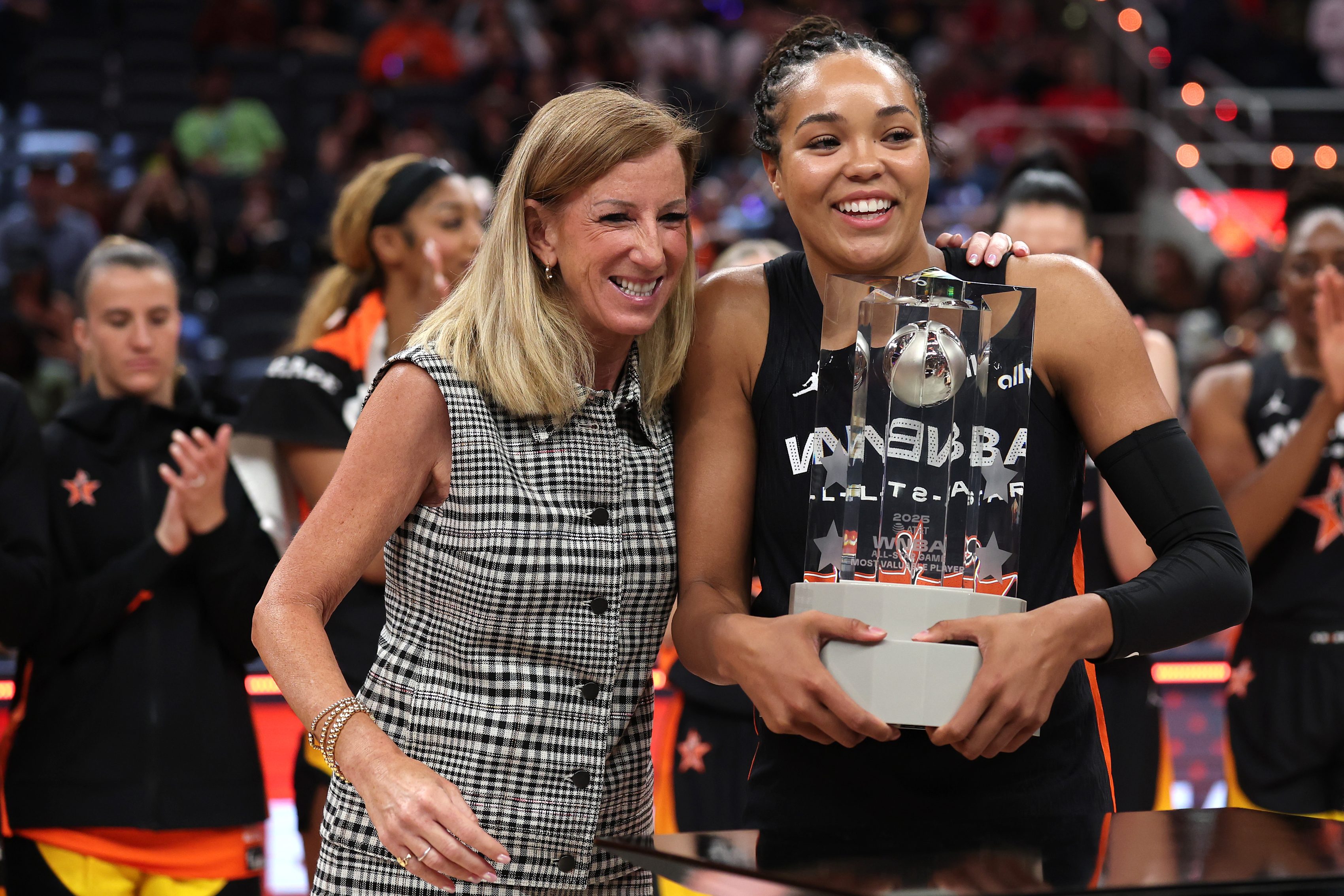 WNBA Commissioner Cathy Engelbert poses with MVP Napheesa Collier #24 of the Minnesota Lynx following the 2025 AT&amp;T WNBA All-Star Game at Gainbridge Fieldhouse on July 19, 2025 in Indianapolis, Indiana.