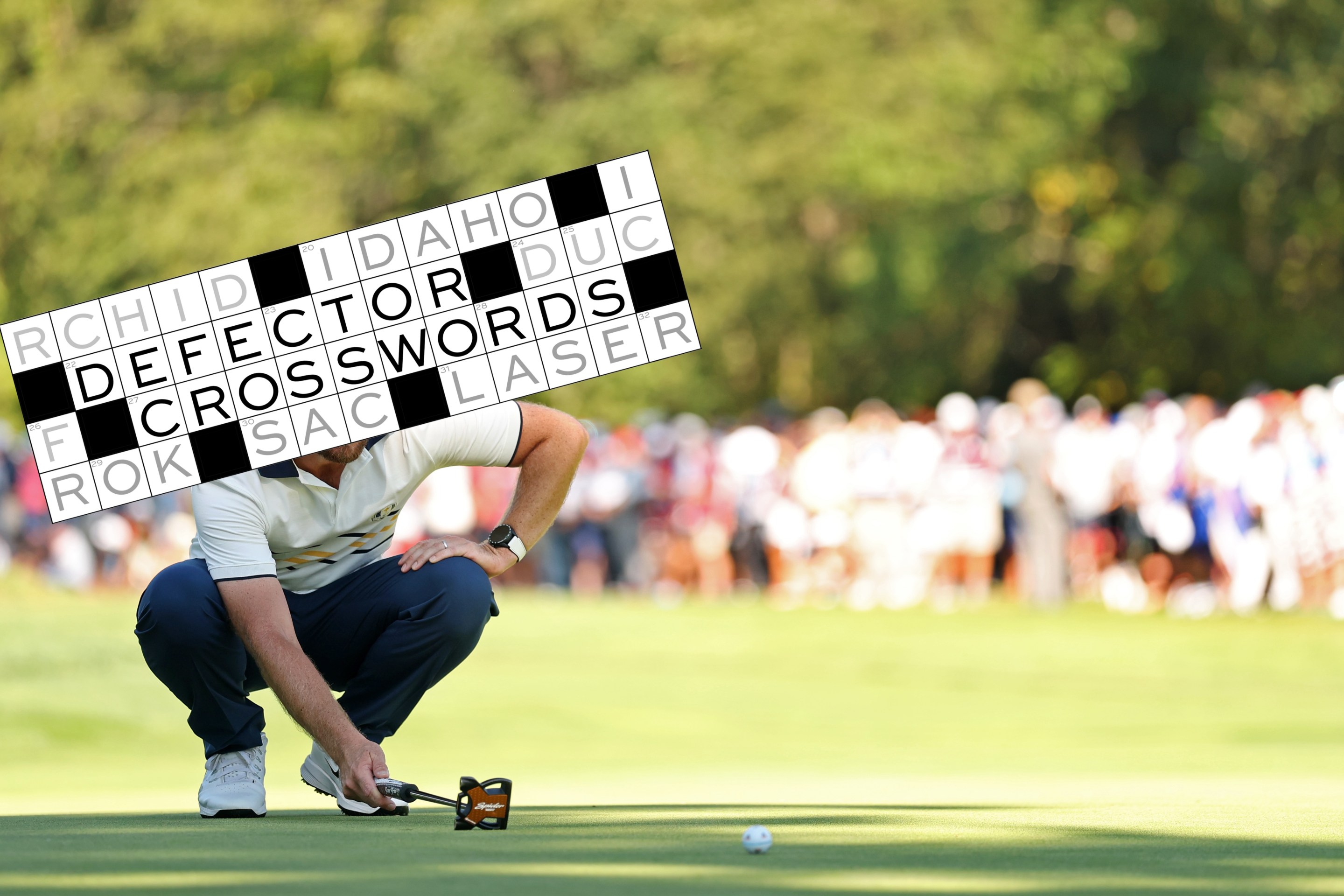 SEPTEMBER 28: Tommy Fleetwood of Team Europe lines up a putt on the 13th green during the Sunday singles matches of the 2025 Ryder Cup