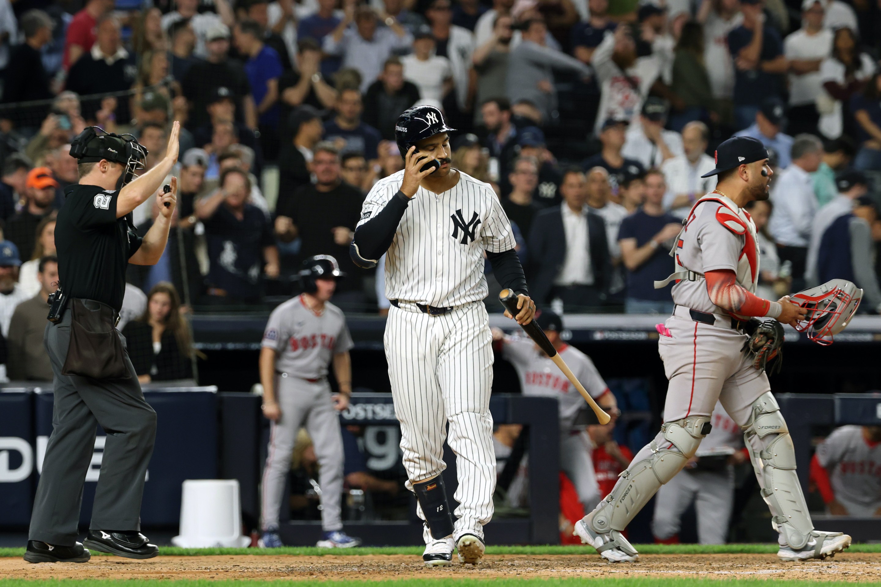 Trent Grisham strikes out to end the game as the Yankees lose, 3-1