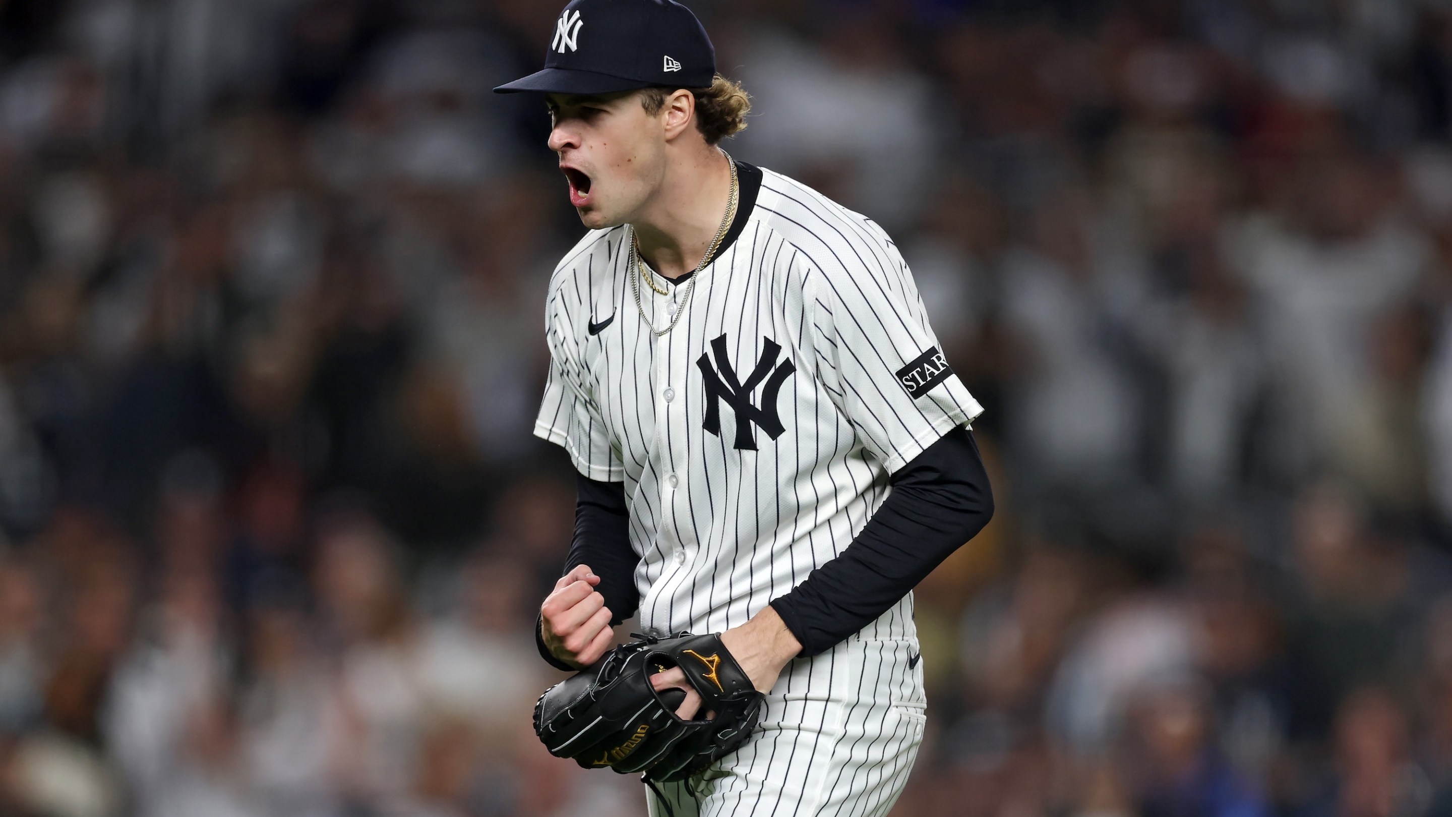 NEW YORK, NEW YORK - OCTOBER 02: Cam Schlittler #31 of the New York Yankees celebrates during the fifth inning against the Boston Red Sox in game three of the American League Wild Card Series at Yankee Stadium on October 02, 2025 in the Bronx borough of New York City. (Photo by Ishika Samant/Getty Images)
