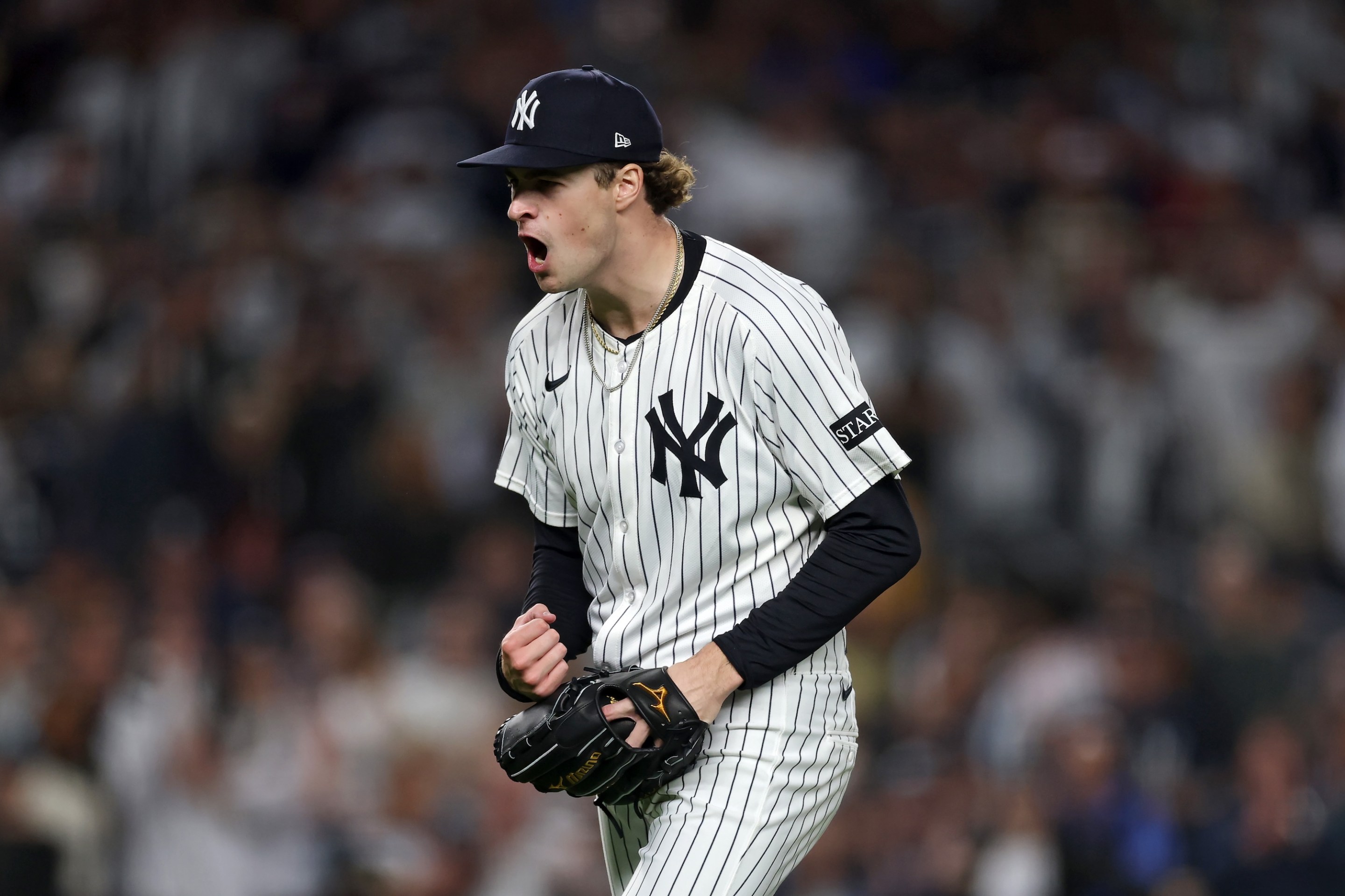 NEW YORK, NEW YORK - OCTOBER 02: Cam Schlittler #31 of the New York Yankees celebrates during the fifth inning against the Boston Red Sox in game three of the American League Wild Card Series at Yankee Stadium on October 02, 2025 in the Bronx borough of New York City. (Photo by Ishika Samant/Getty Images)