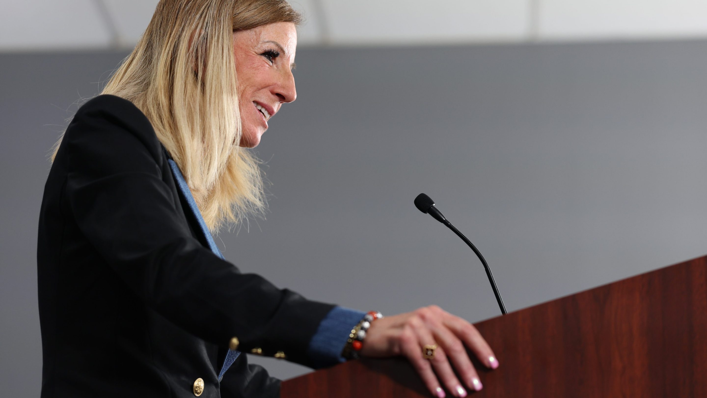 WNBA Commissioner Cathy Engelbert speaks to the media ahead of Game One of the 2025 WNBA Playoffs finals between the Las Vegas Aces and the Phoenix Mercury at Michelob ULTRA Arena on October 03, 2025 in Las Vegas, Nevada.