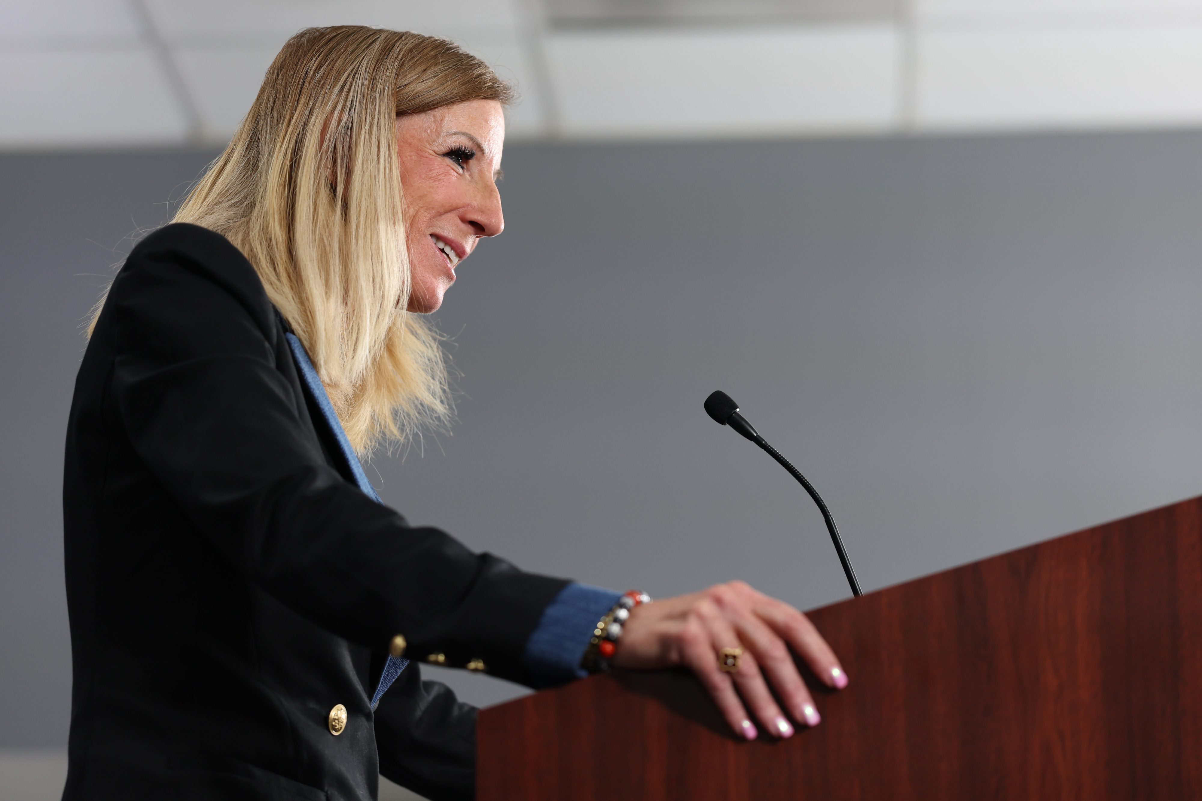 WNBA Commissioner Cathy Engelbert speaks to the media ahead of Game One of the 2025 WNBA Playoffs finals between the Las Vegas Aces and the Phoenix Mercury at Michelob ULTRA Arena on October 03, 2025 in Las Vegas, Nevada.