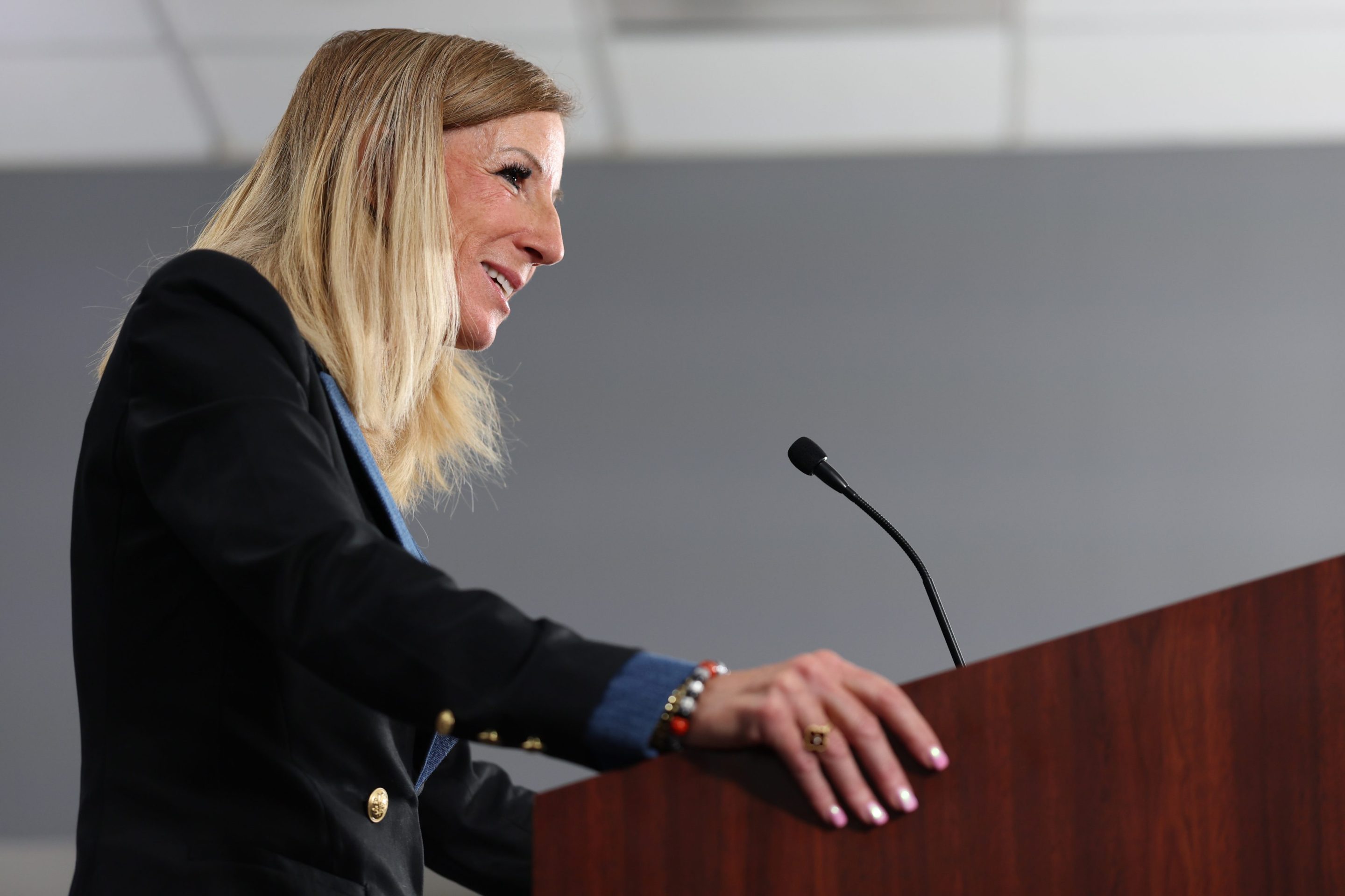 WNBA Commissioner Cathy Engelbert speaks to the media ahead of Game One of the 2025 WNBA Playoffs finals between the Las Vegas Aces and the Phoenix Mercury at Michelob ULTRA Arena on October 03, 2025 in Las Vegas, Nevada.