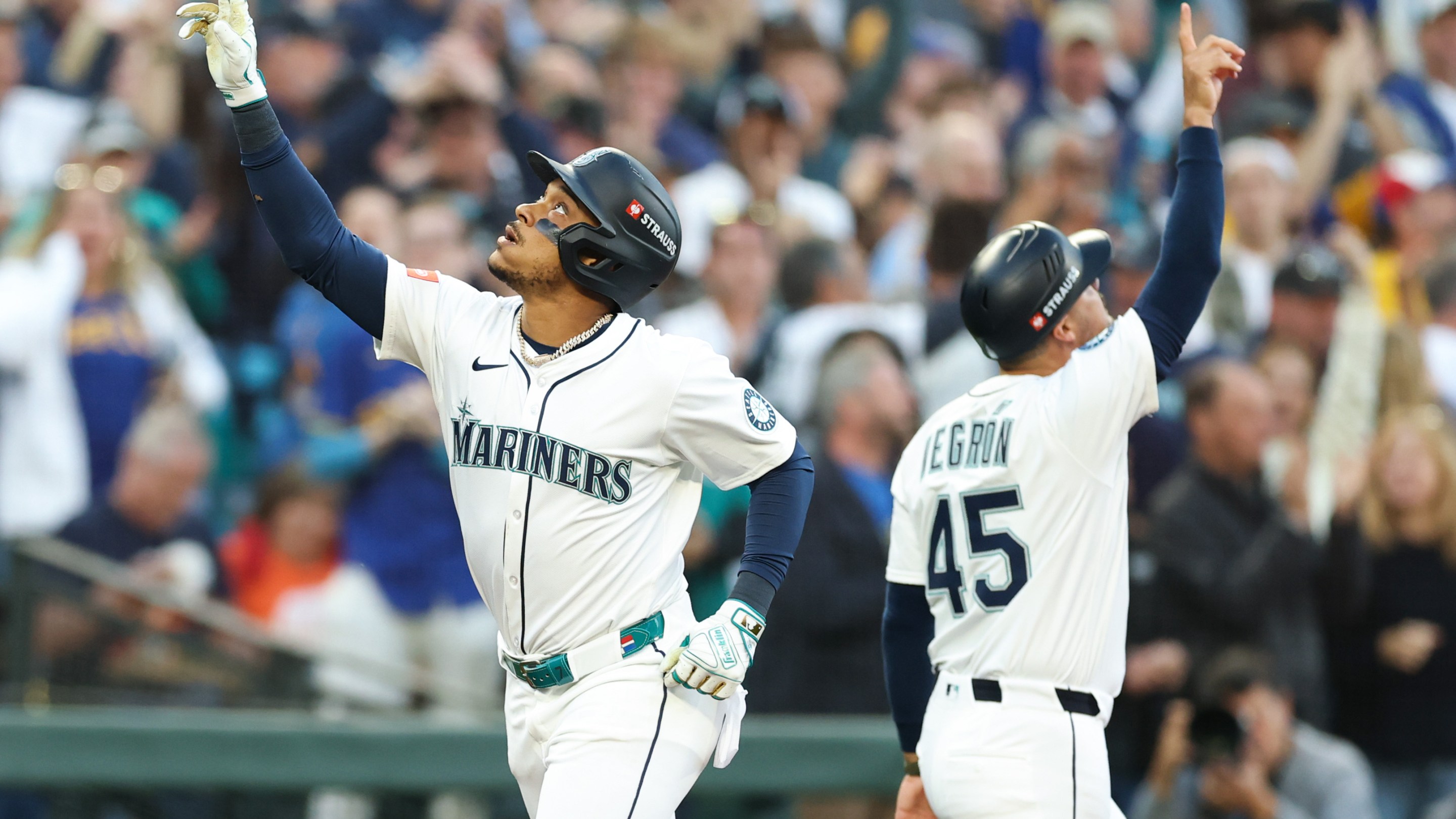 Jorge Polanco of the Seattle Mariners celebrates after hitting a solo home run against the Detroit Tigers during the fourth inning in game two of the Division Series at T-Mobile Park on October 5, 2025 in Seattle.