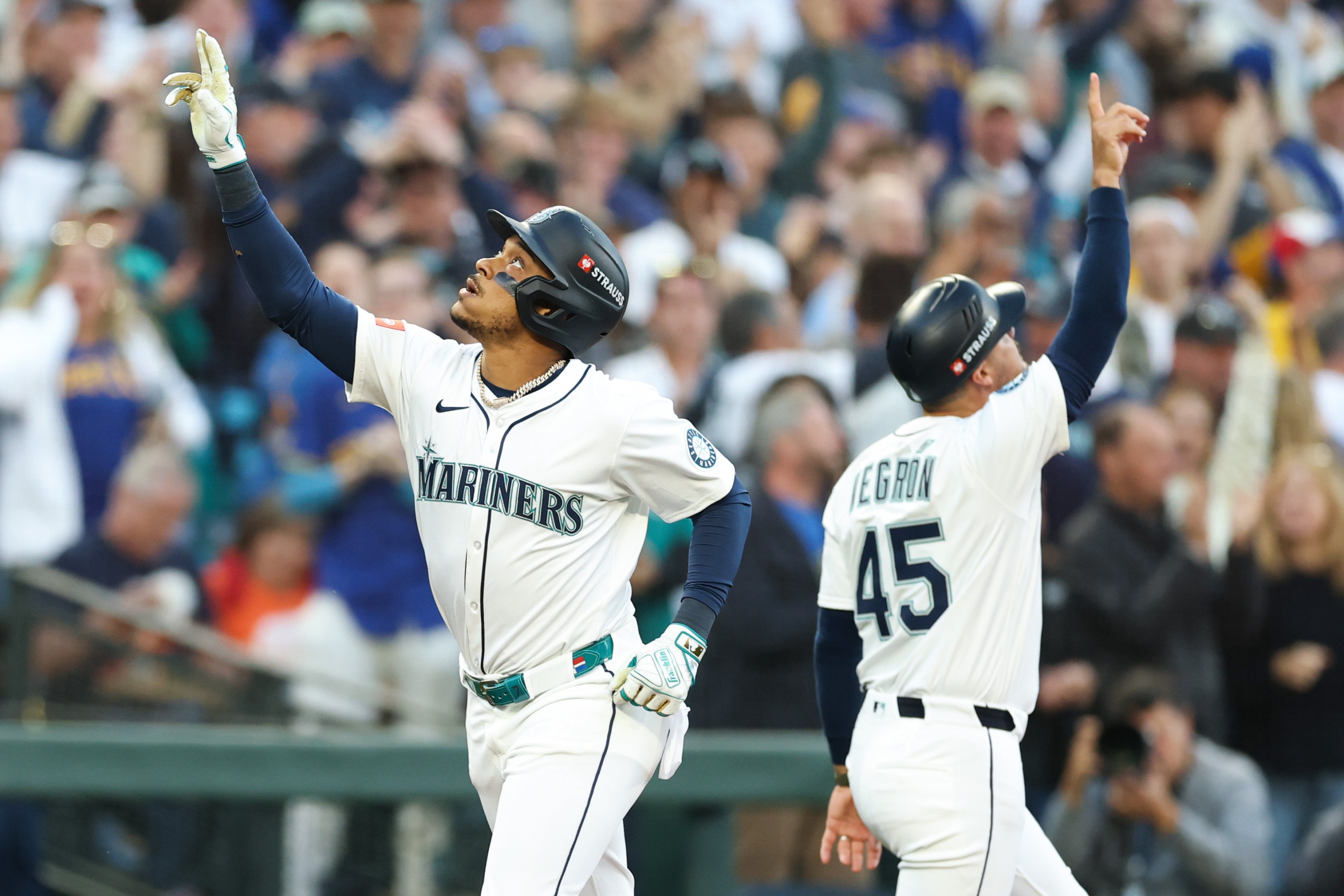 Jorge Polanco of the Seattle Mariners celebrates after hitting a solo home run against the Detroit Tigers during the fourth inning in game two of the Division Series at T-Mobile Park on October 5, 2025 in Seattle.