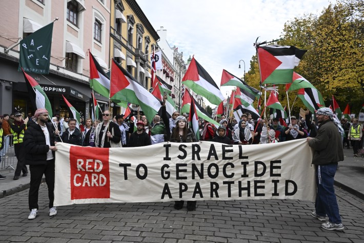 Thousands of people gather at Spikersuppa Square to protest against Israel ahead of the Norway-Israel match in the 2026 FIFA World Cup European Qualifiers in Oslo, Norway on October 11, 2025. The demonstration, organized by the Norwegian Palestine Committee, Action Group for Palestine, and Norwegian People's Aid . Protesters later marched from the square to Ullevaal Stadium, where the match was held.