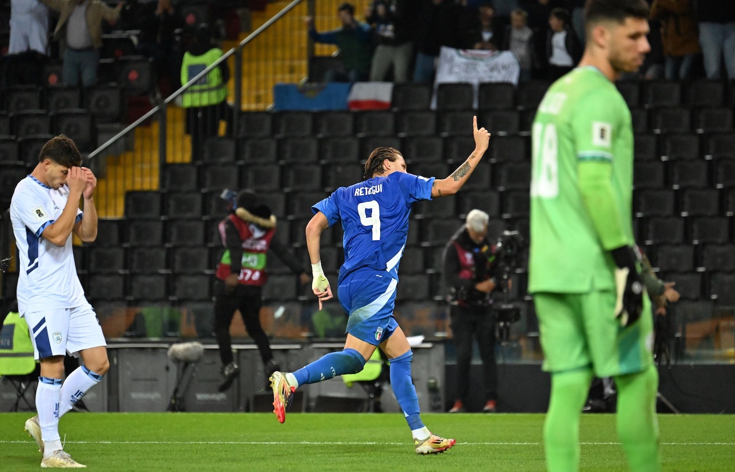 Mateo Retegui of Italy celebrates during the European qualifier Fifa World Cup 2026 match between Italy and Israel at Friuli stadium. Final score; Italy 3 : 0 Israel.