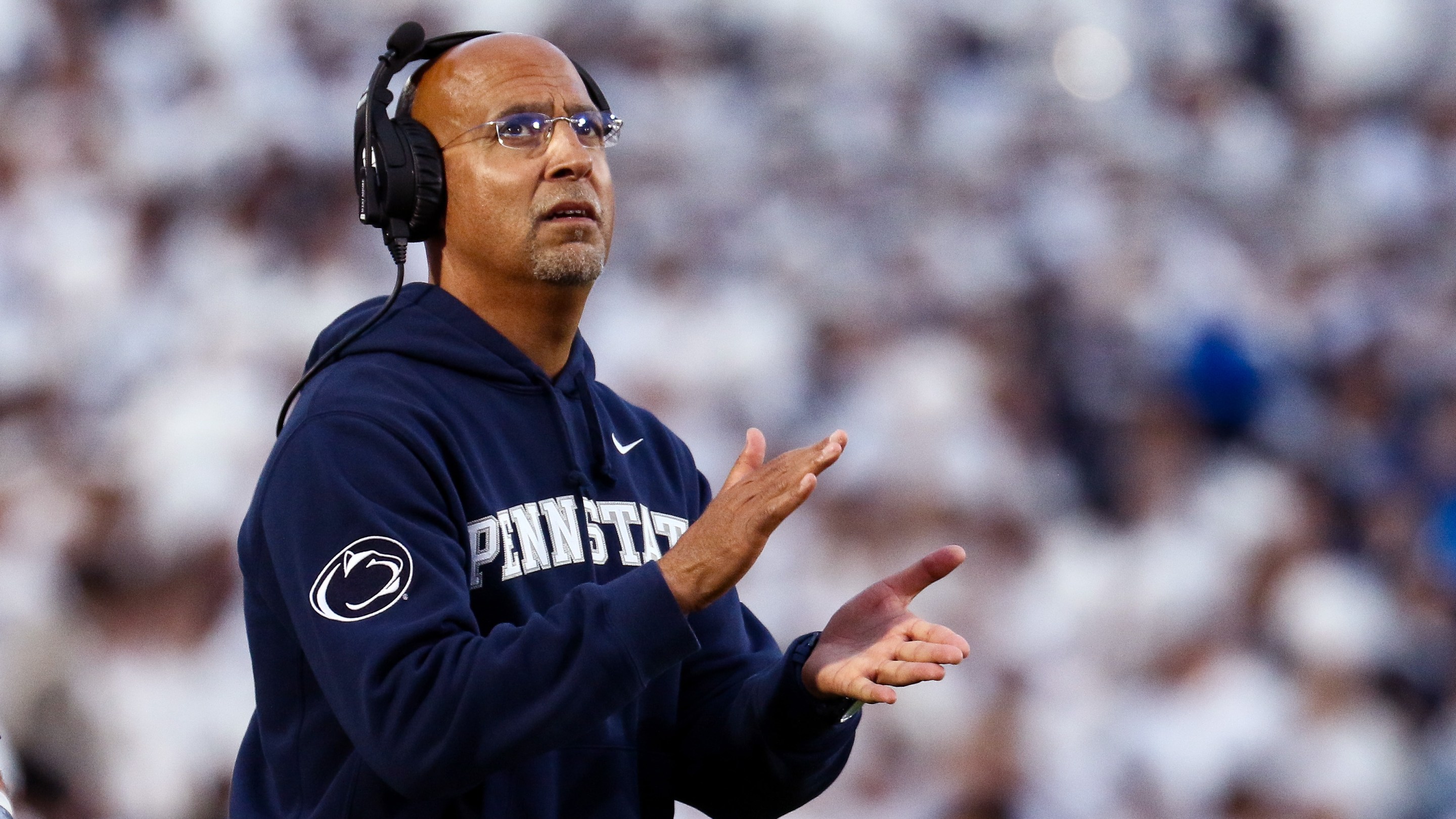 Head coach James Franklin of the Penn State Nittany Lions claps during the game against the Northwestern Wildcats at Beaver Stadium on October 11, 2025 in State College, Pennsylvania.