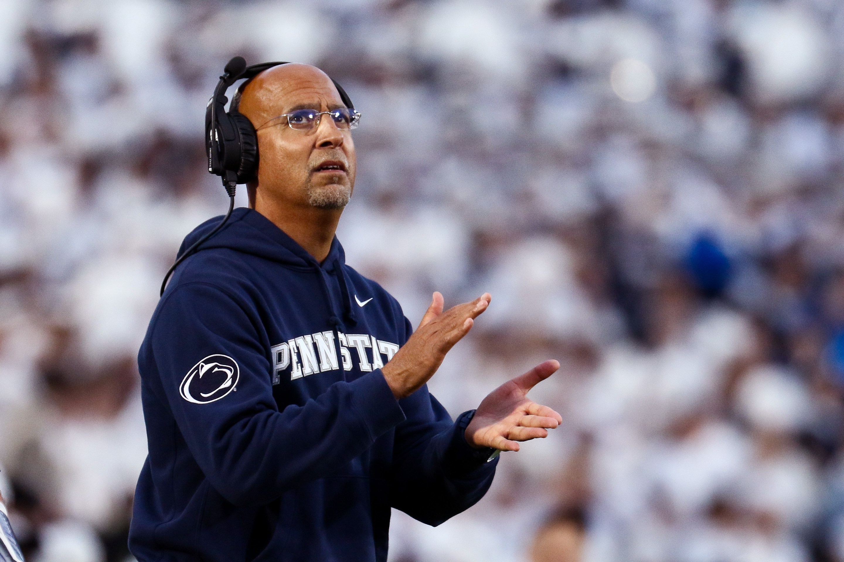 Head coach James Franklin of the Penn State Nittany Lions claps during the game against the Northwestern Wildcats at Beaver Stadium on October 11, 2025 in State College, Pennsylvania.