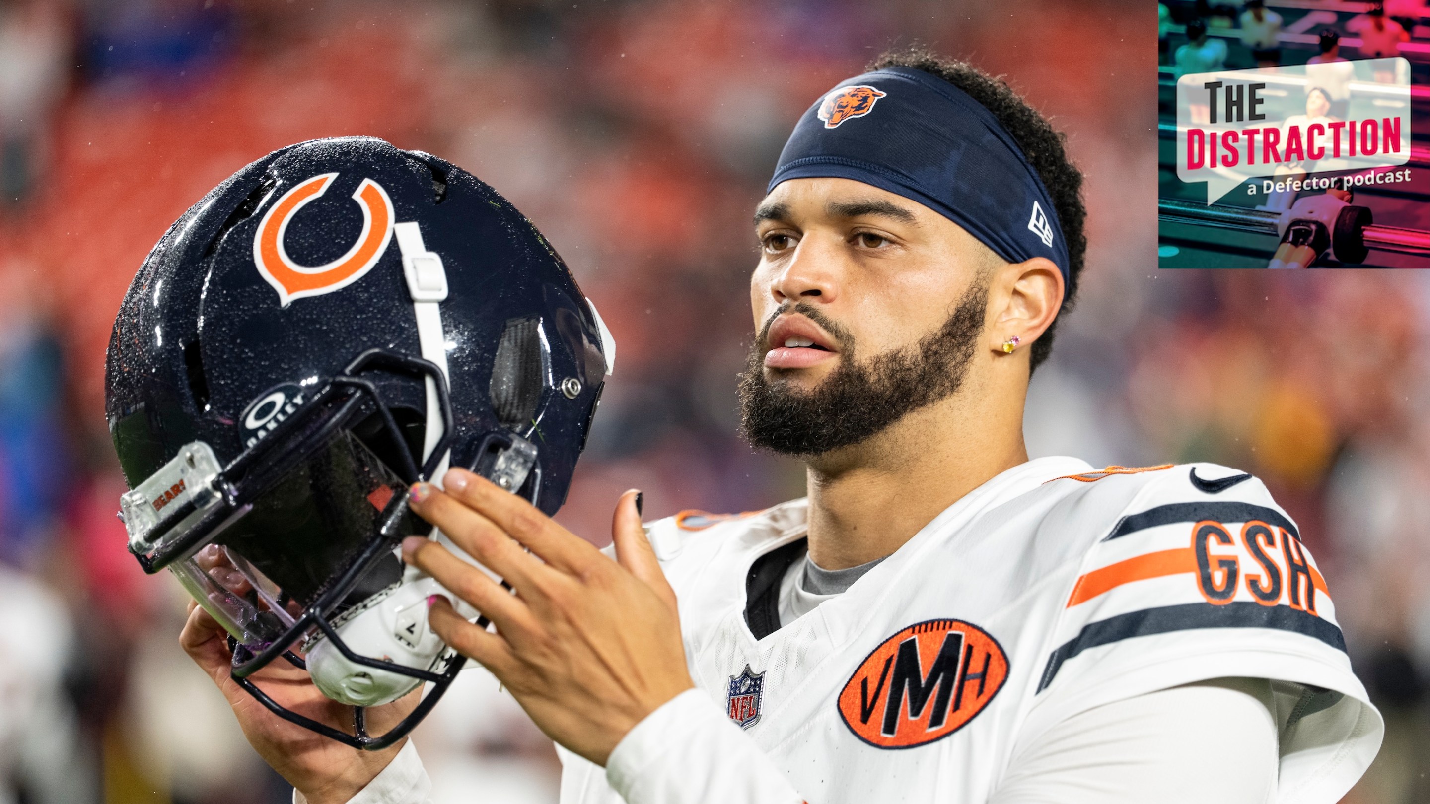 Caleb Williams of the Chicago Bears looks on prior to an NFL football game against the Washington Commanders at Northwest Stadium on October 13, 2025 in Landover, Maryland.