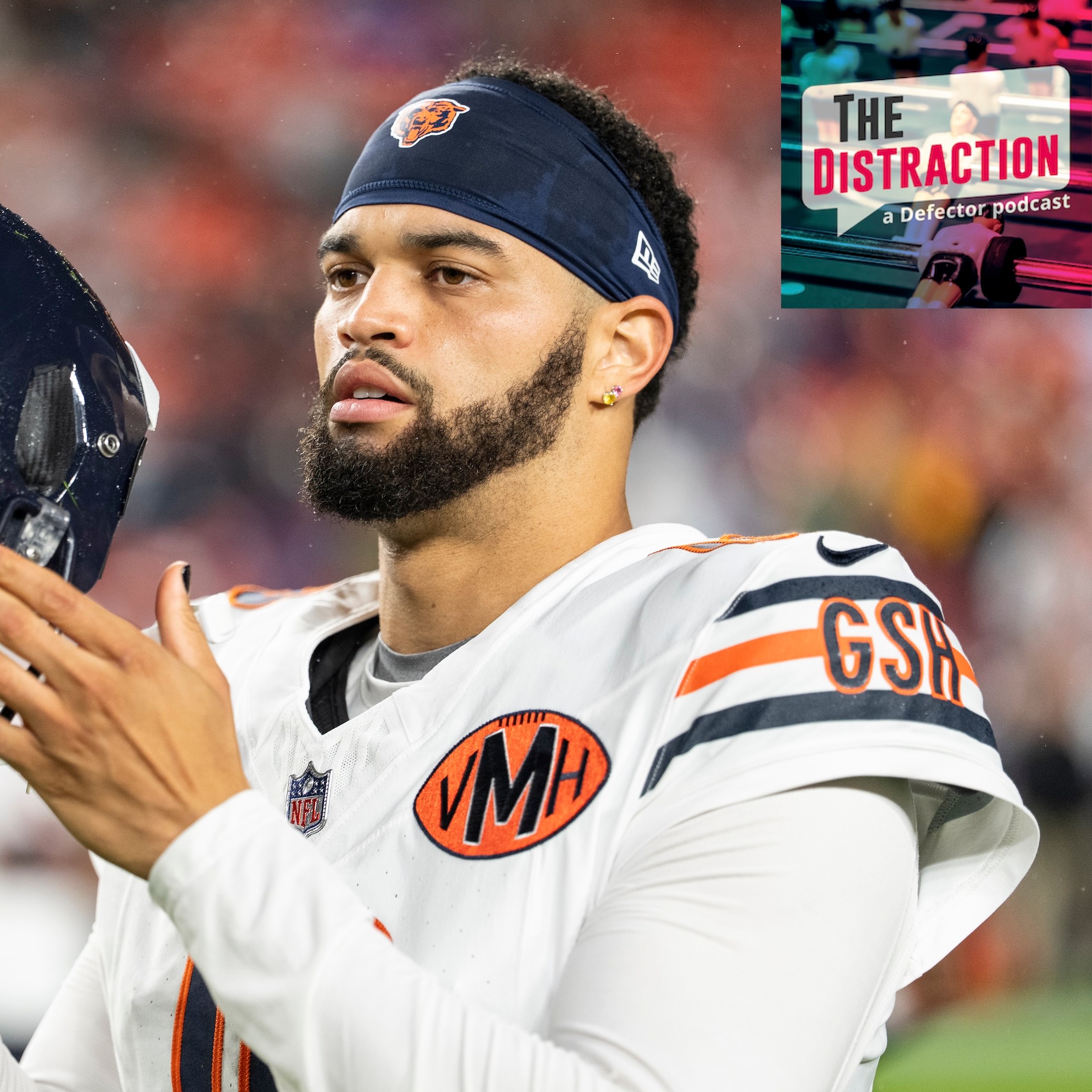 Caleb Williams of the Chicago Bears looks on prior to an NFL football game against the Washington Commanders at Northwest Stadium on October 13, 2025 in Landover, Maryland.
