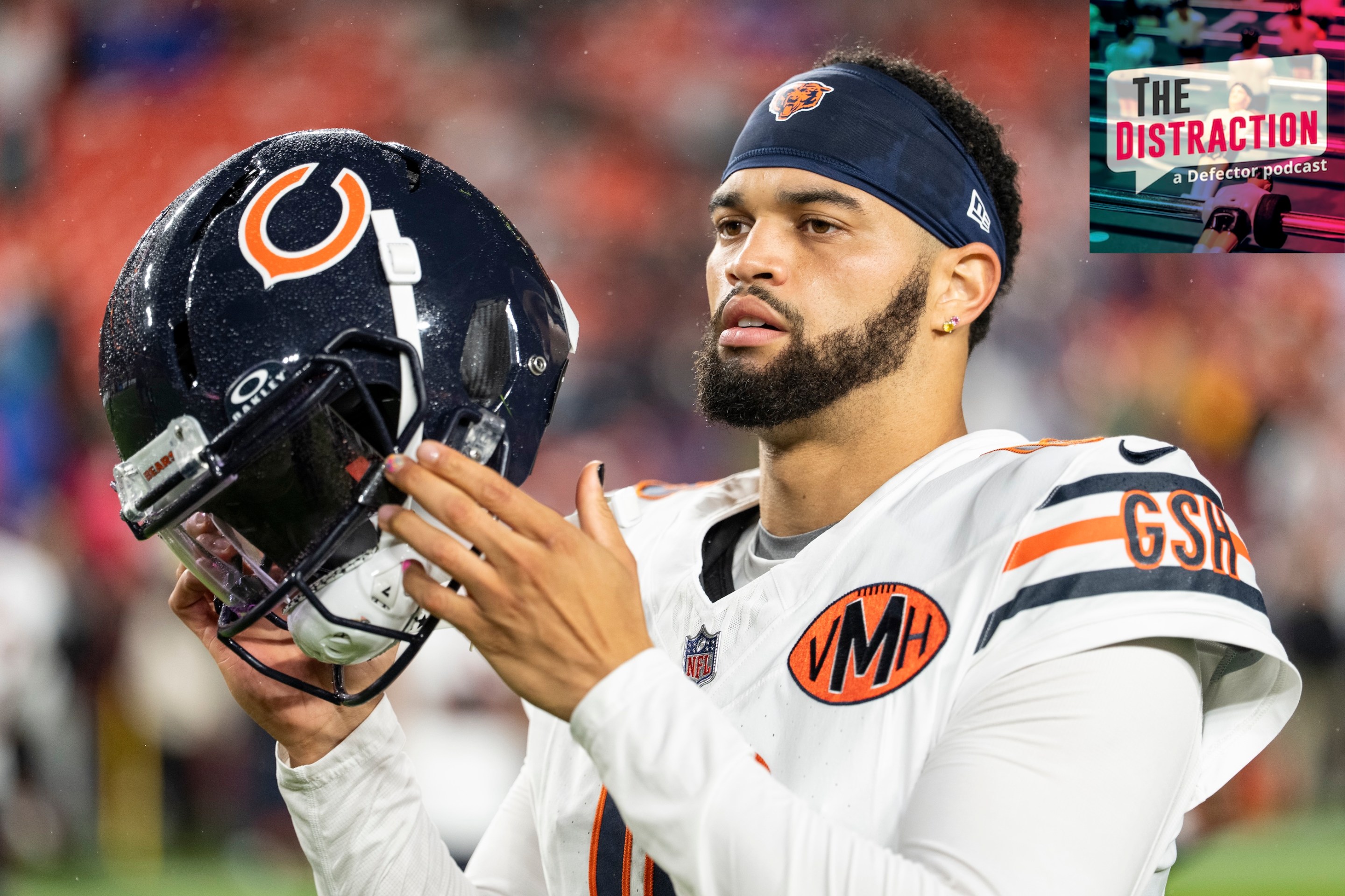 Caleb Williams of the Chicago Bears looks on prior to an NFL football game against the Washington Commanders at Northwest Stadium on October 13, 2025 in Landover, Maryland.