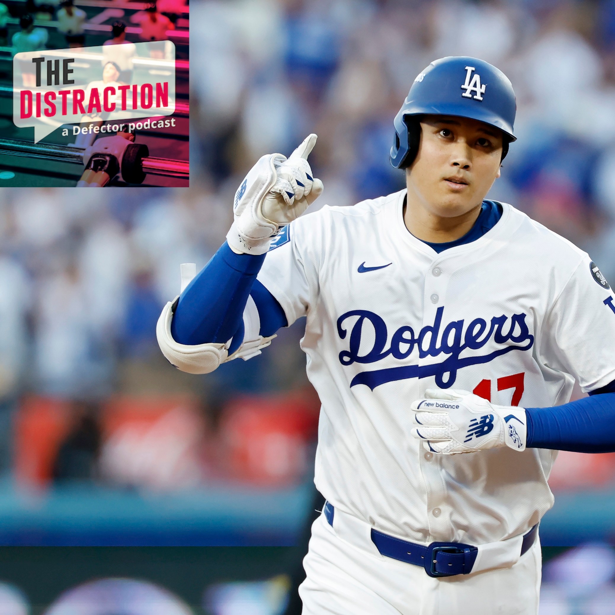 Shohei Ohtani rs rounds the bases after hitting a home run during the first inning against the Milwaukee Brewers in game four of the National League Championship Series at Dodger Stadium on October 17, 2025 in Los Angeles, California. The Distraction logo is at upper left.