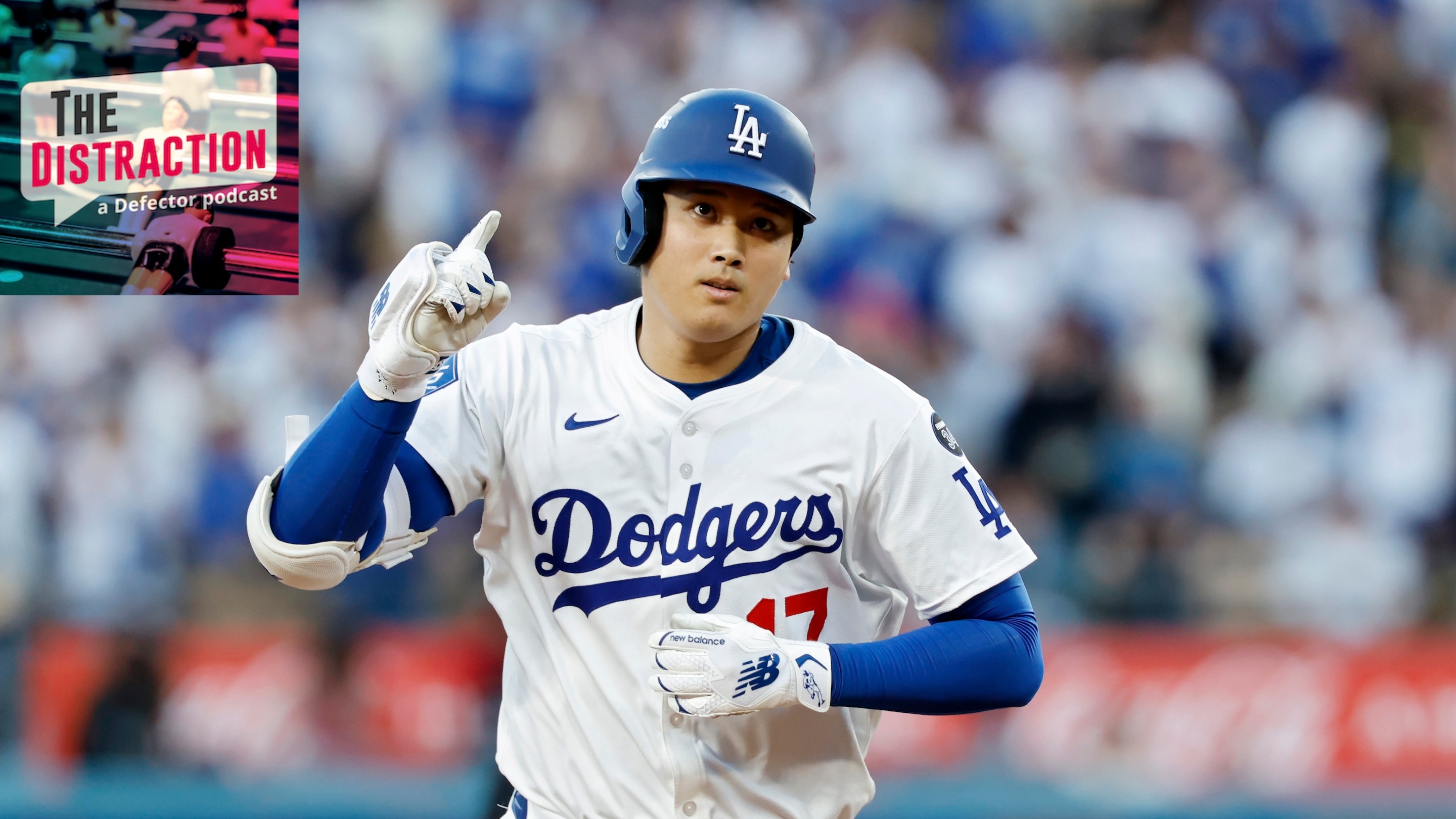 Shohei Ohtani rs rounds the bases after hitting a home run during the first inning against the Milwaukee Brewers in game four of the National League Championship Series at Dodger Stadium on October 17, 2025 in Los Angeles, California. The Distraction logo is at upper left.