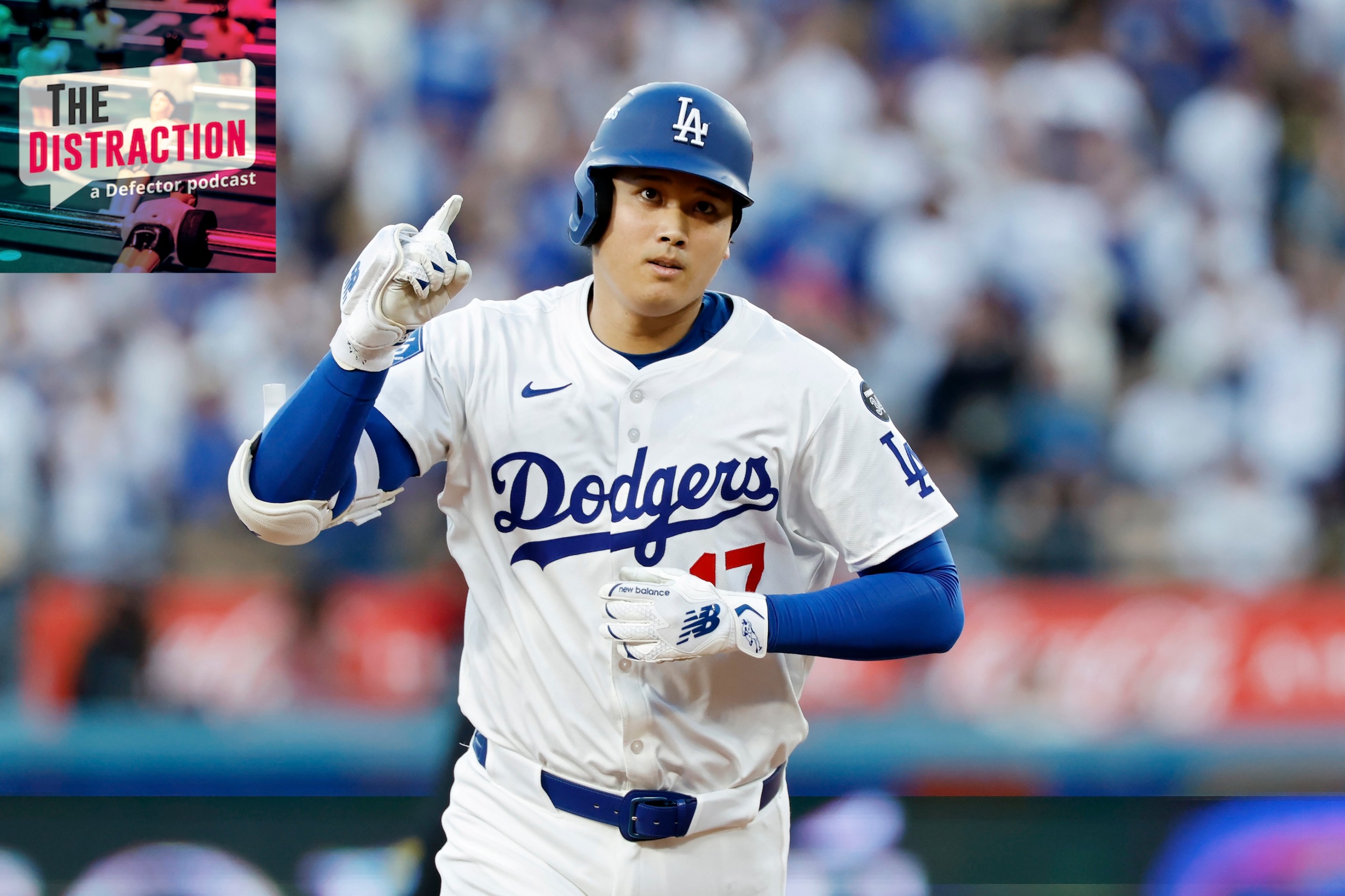 Shohei Ohtani rs rounds the bases after hitting a home run during the first inning against the Milwaukee Brewers in game four of the National League Championship Series at Dodger Stadium on October 17, 2025 in Los Angeles, California. The Distraction logo is at upper left.