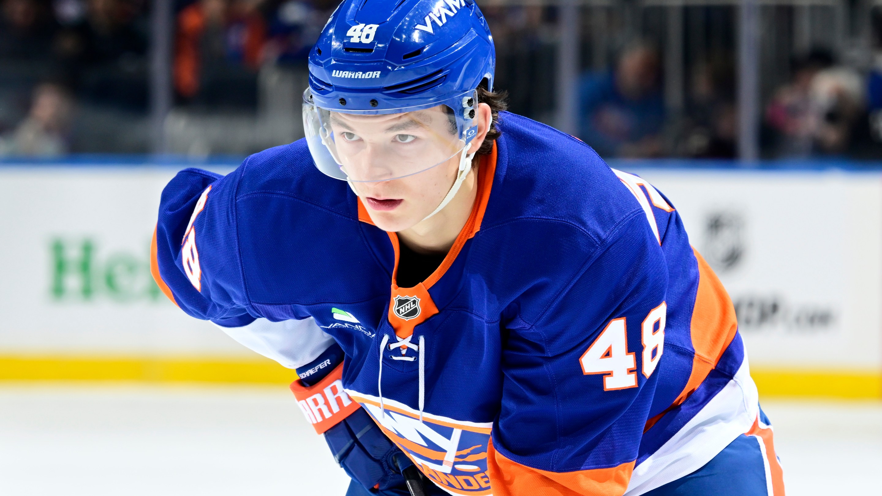 ELMONT, NEW YORK - OCTOBER 21: Matthew Schaefer #48 of the New York Islanders looks on against the San Jose Sharks at UBS Arena on October 21, 2025 in Elmont, New York.