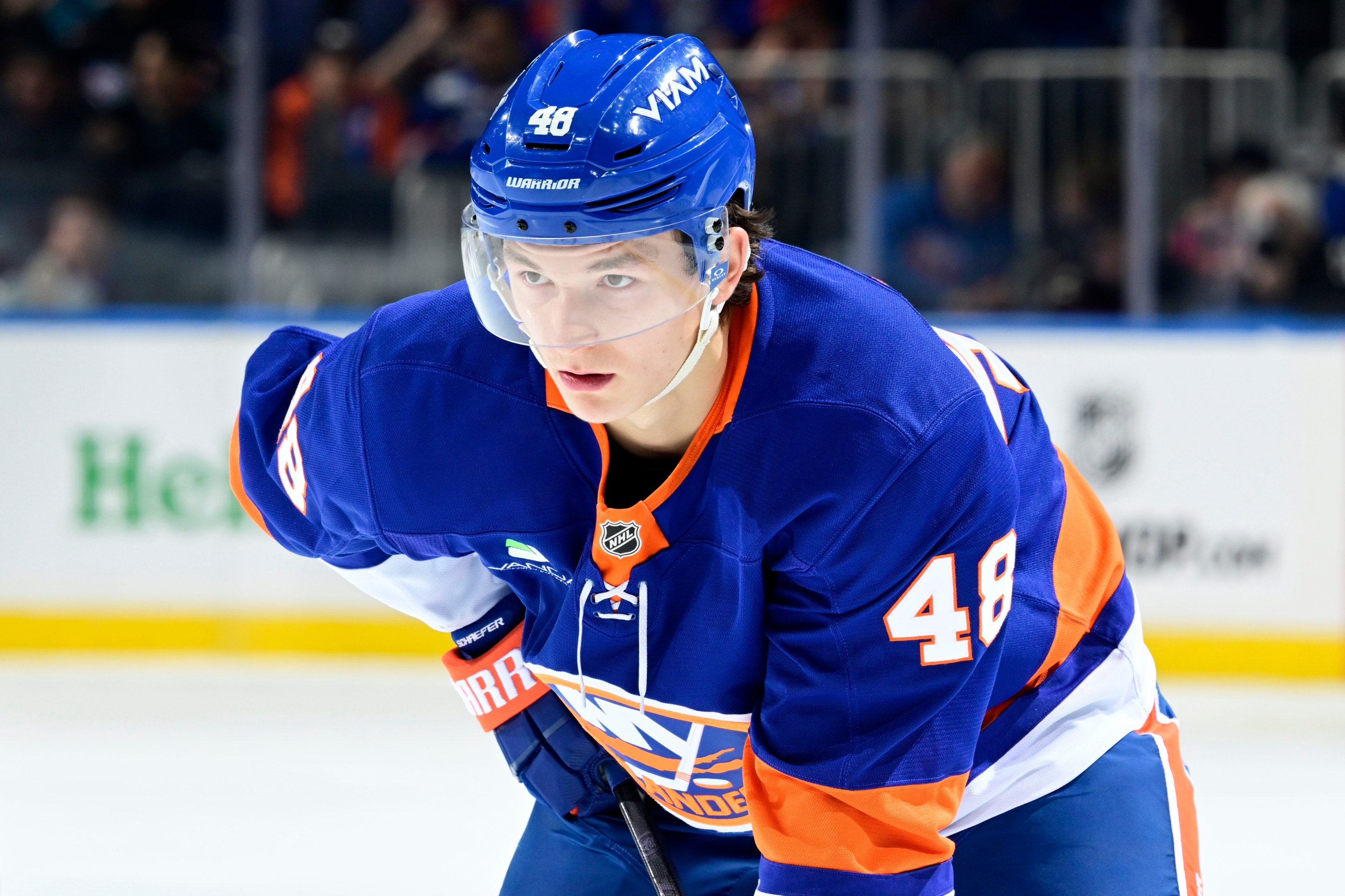 ELMONT, NEW YORK - OCTOBER 21: Matthew Schaefer #48 of the New York Islanders looks on against the San Jose Sharks at UBS Arena on October 21, 2025 in Elmont, New York.