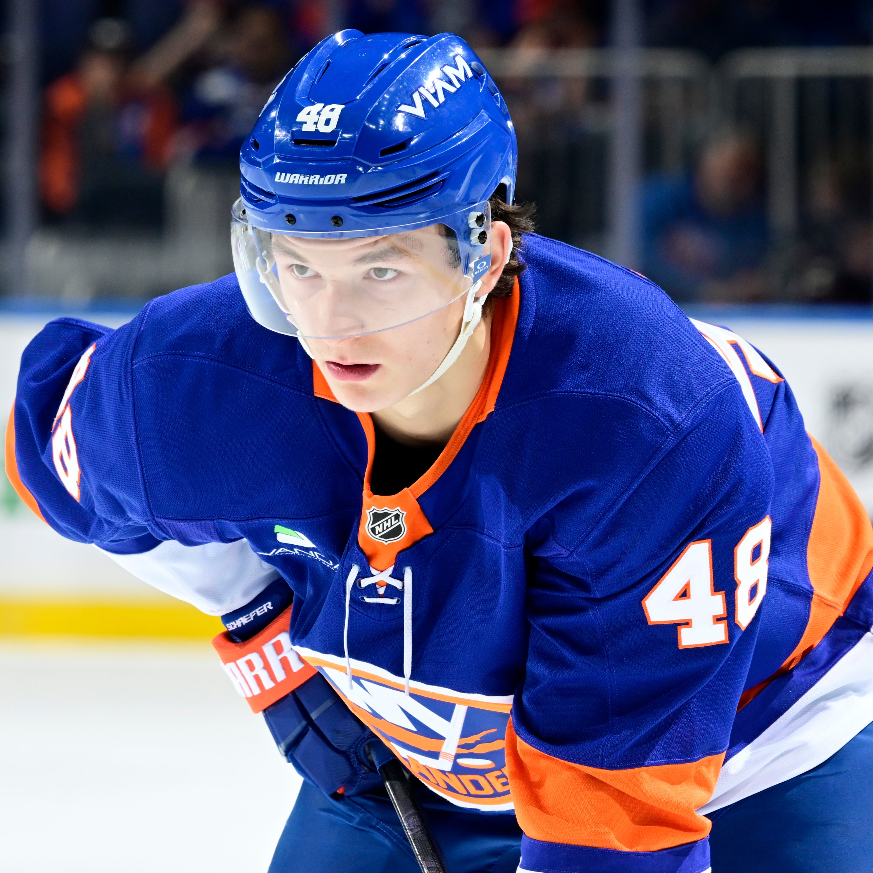 ELMONT, NEW YORK - OCTOBER 21: Matthew Schaefer #48 of the New York Islanders looks on against the San Jose Sharks at UBS Arena on October 21, 2025 in Elmont, New York.