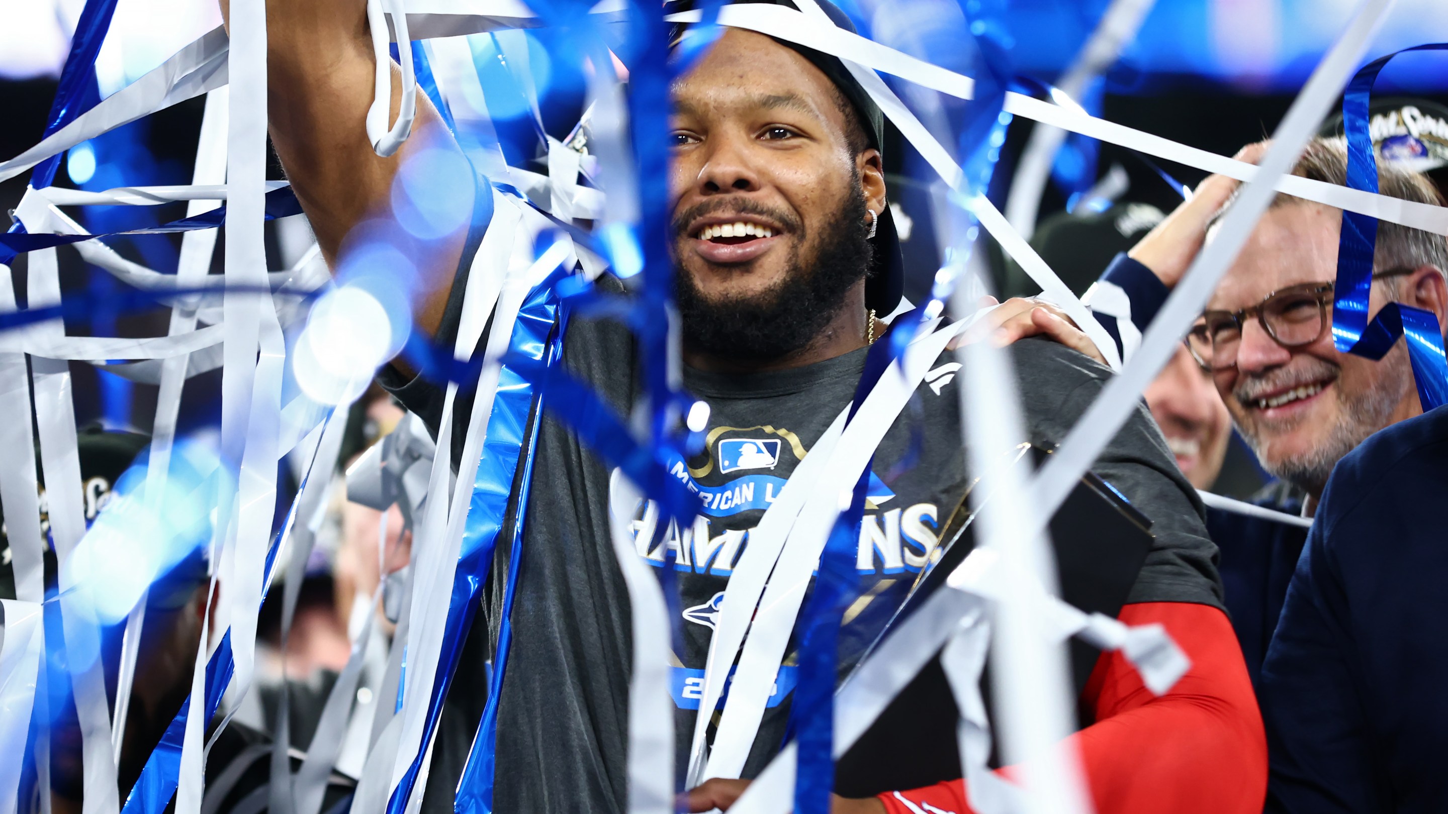 TORONTO, ONTARIO - OCTOBER 20: Vladimir Guerrero Jr. #27 of the Toronto Blue Jays celebrates after game seven of the American League Championship Series against the Seattle Mariners at the Rogers Centre on October 20, 2025 in Toronto, Ontario.