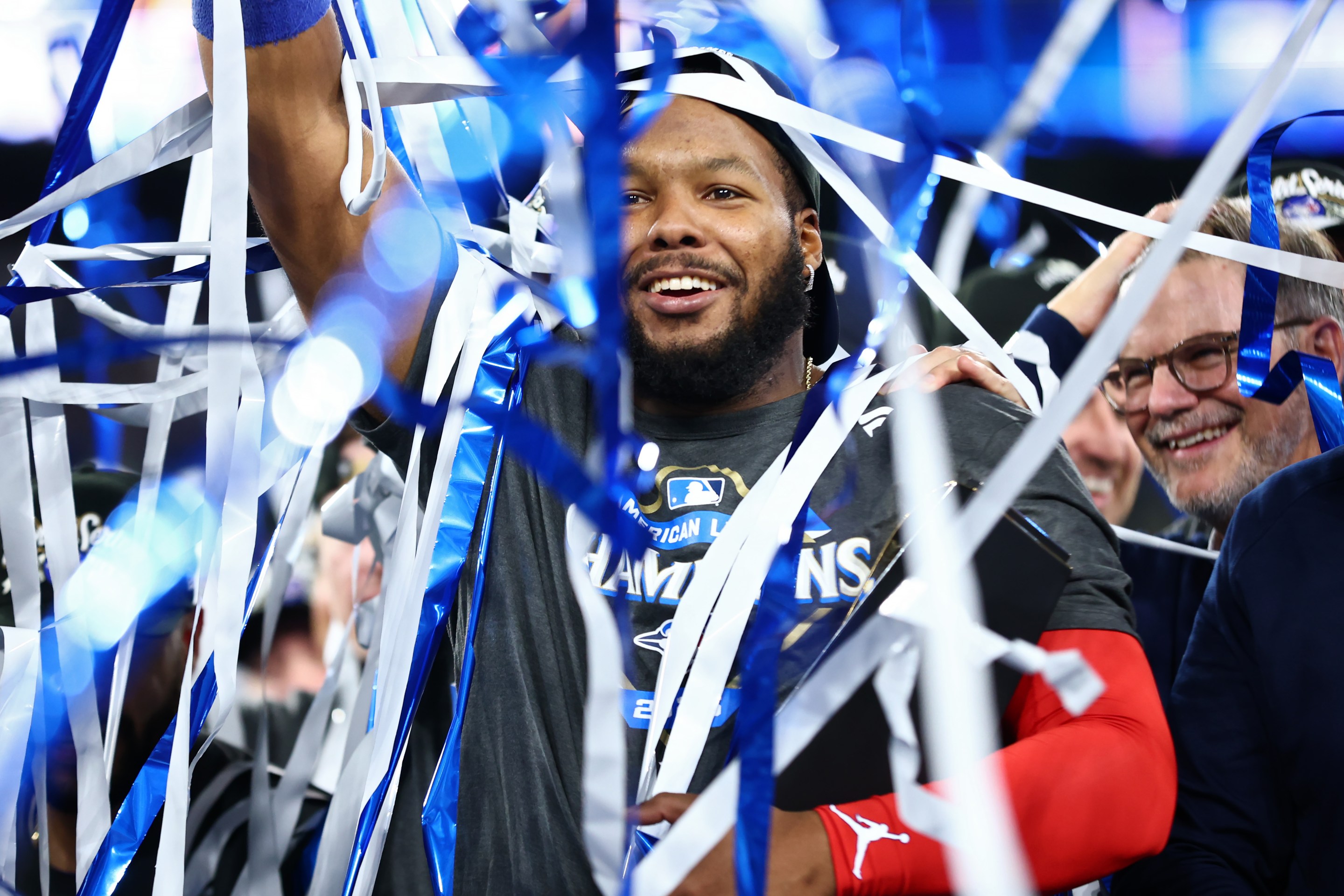 TORONTO, ONTARIO - OCTOBER 20: Vladimir Guerrero Jr. #27 of the Toronto Blue Jays celebrates after game seven of the American League Championship Series against the Seattle Mariners at the Rogers Centre on October 20, 2025 in Toronto, Ontario.
