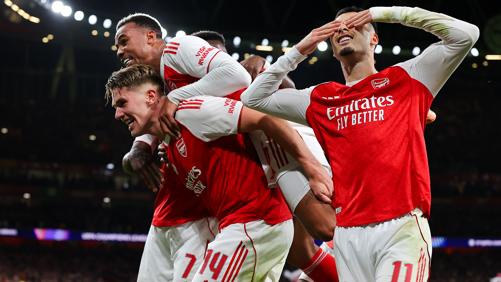 Viktor Gyokeres of Arsenal celebrates with teammates after scoring their side's fourth goal during the UEFA Champions League 2025/26 League Phase MD3 match between Arsenal FC and Atletico de Madrid at Arsenal Stadium on October 21, 2025 in London, England.