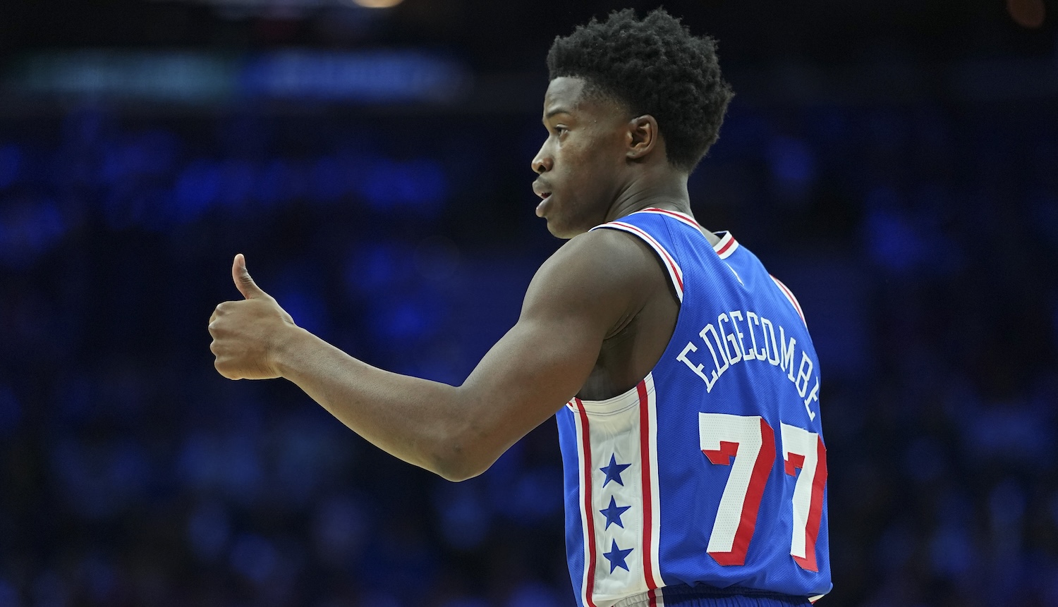 PHILADELPHIA, PENNSYLVANIA - OCTOBER 25: VJ Edgecombe #77 of the Philadelphia 76ers reacts against the Charlotte Hornets in the first half at Xfinity Mobile Arena on October 25, 2025 in Philadelphia, Pennsylvania. NOTE TO USER: User expressly acknowledges and agrees that, by downloading and or using this photograph, User is consenting to the terms and conditions of the Getty Images License Agreement. (Photo by Mitchell Leff/Getty Images)