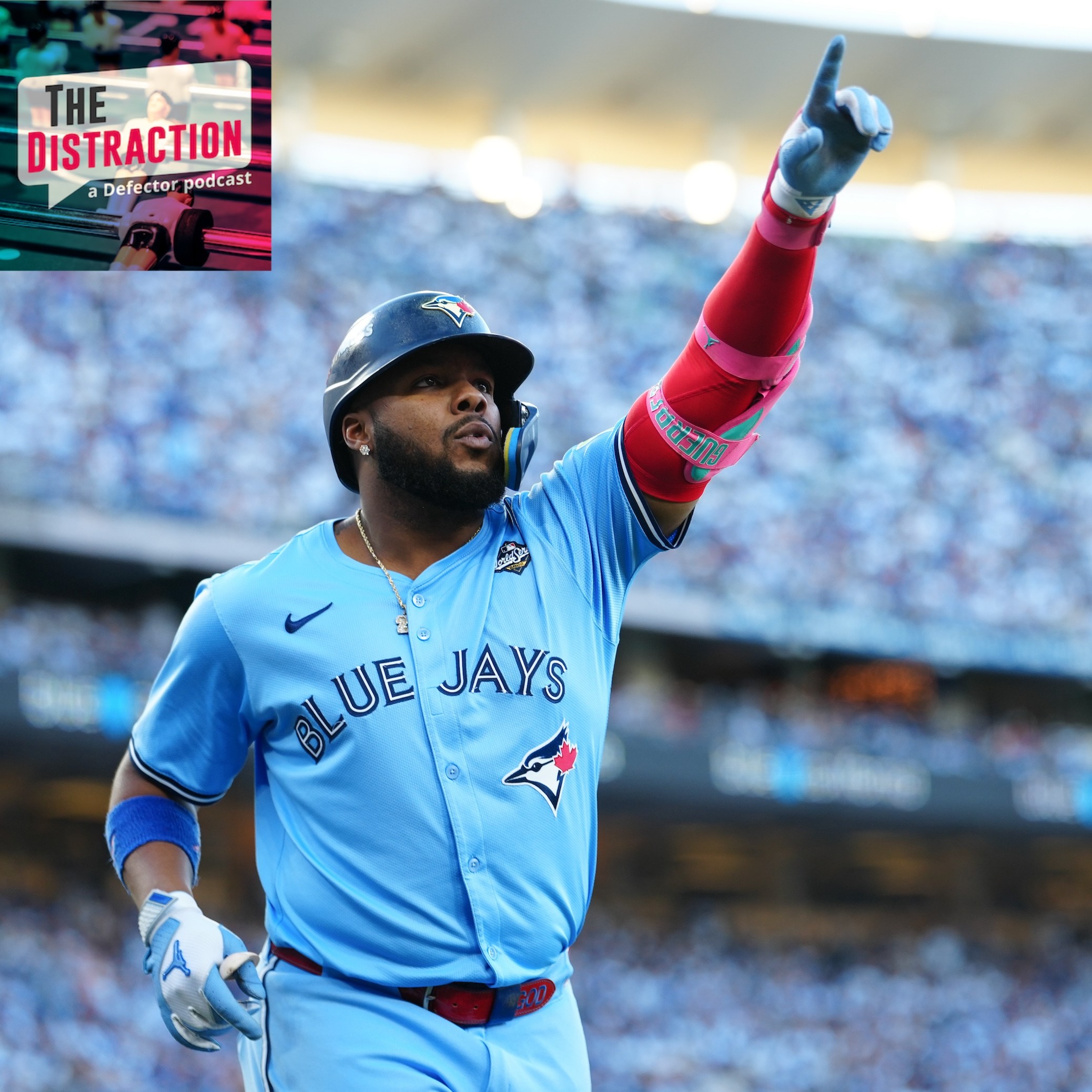 Vladimir Guerrero Jr. of the Toronto Blue Jays celebrates after hitting a solo home run in the first inning during Game Five of the 2025 World Series. The Distraction logo is at upper left and the light above the stadium is lovely.