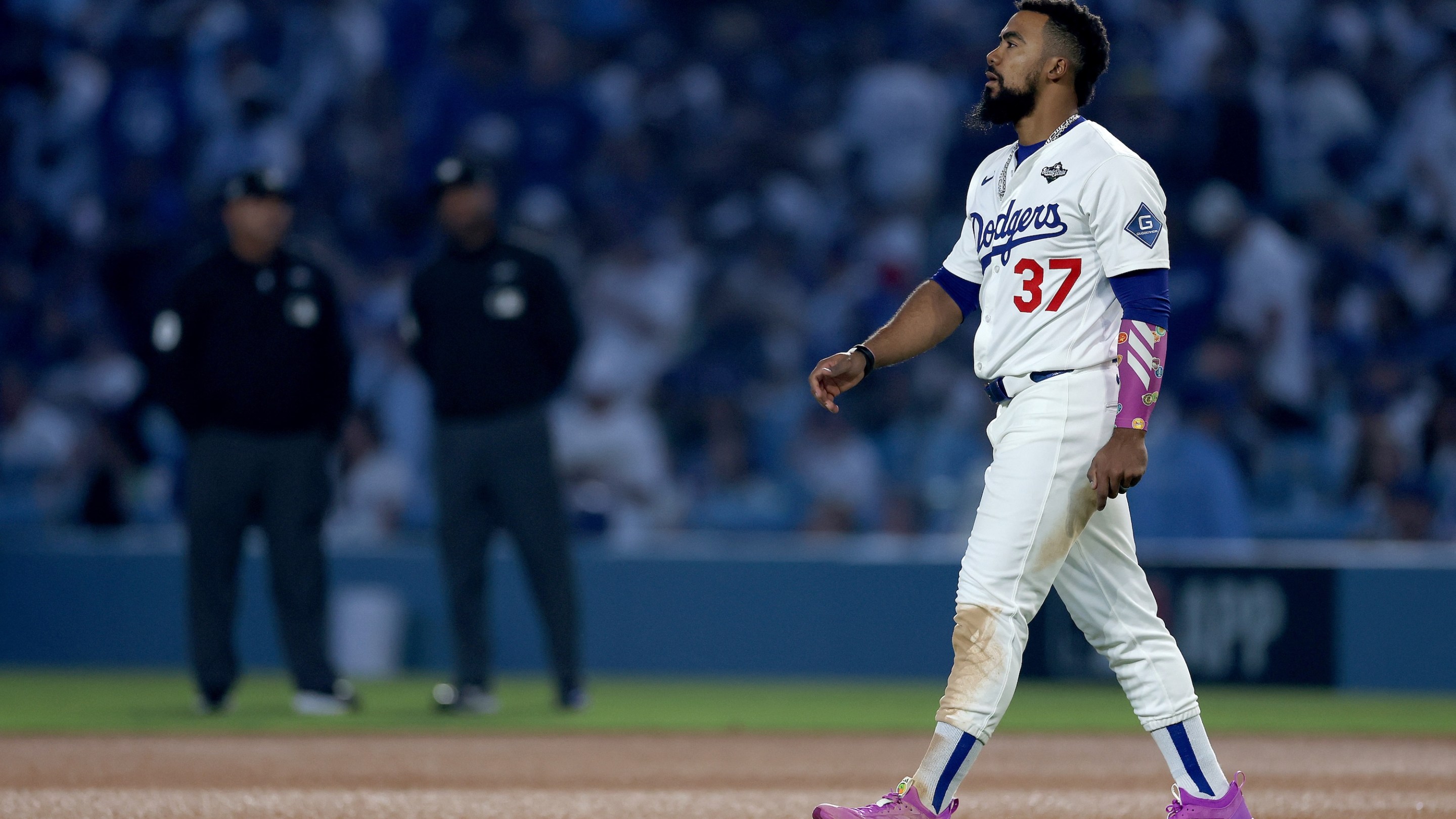LOS ANGELES, CALIFORNIA - OCTOBER 27: Teoscar Hernandez #37 of the Los Angeles Dodgers looks on after popping out to end the twelfth inning against the Toronto Blue Jays in game three of the 2025 World Series at Dodger Stadium on October 27, 2025 in Los Angeles, California. (Photo by Sean M. Haffey/Getty Images)