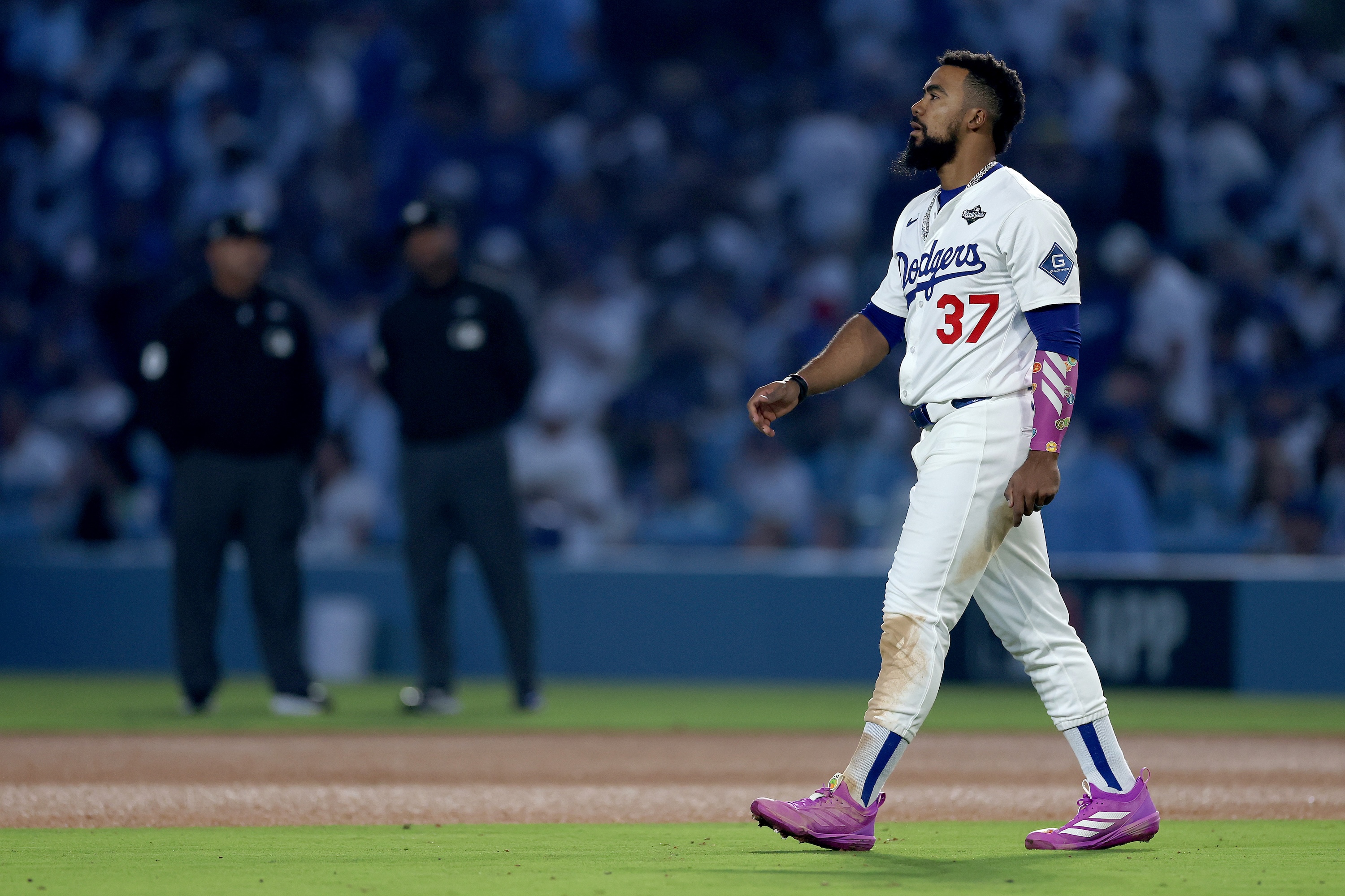 LOS ANGELES, CALIFORNIA - OCTOBER 27: Teoscar Hernandez #37 of the Los Angeles Dodgers looks on after popping out to end the twelfth inning against the Toronto Blue Jays in game three of the 2025 World Series at Dodger Stadium on October 27, 2025 in Los Angeles, California. (Photo by Sean M. Haffey/Getty Images)