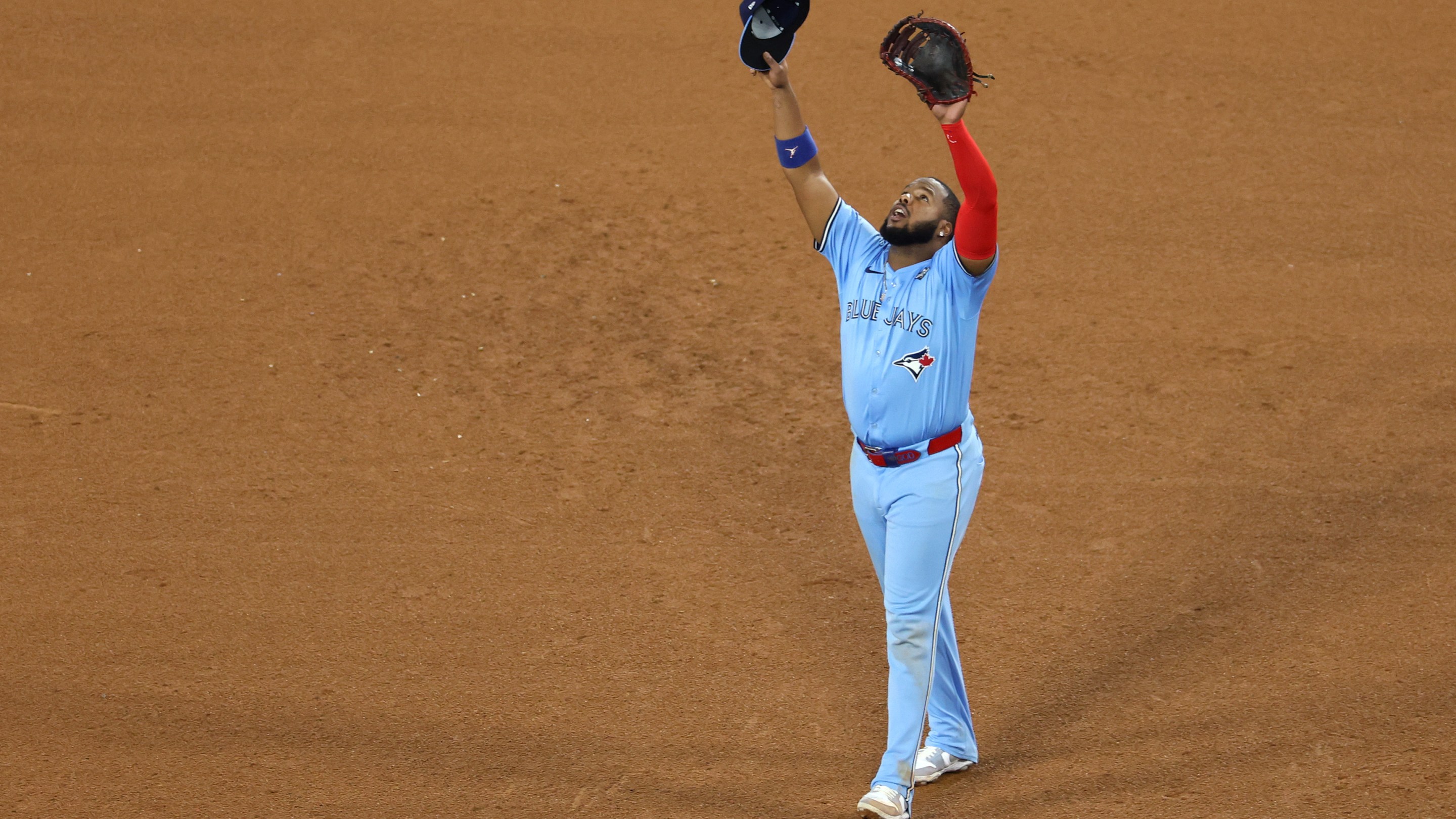 Vladimir Guerrero Jr. #27 of the Toronto Blue Jays reacts after the final out of the game against the Los Angeles Dodgers in game four of the 2025 World Series at Dodger Stadium on October 28, 2025 in Los Angeles, California