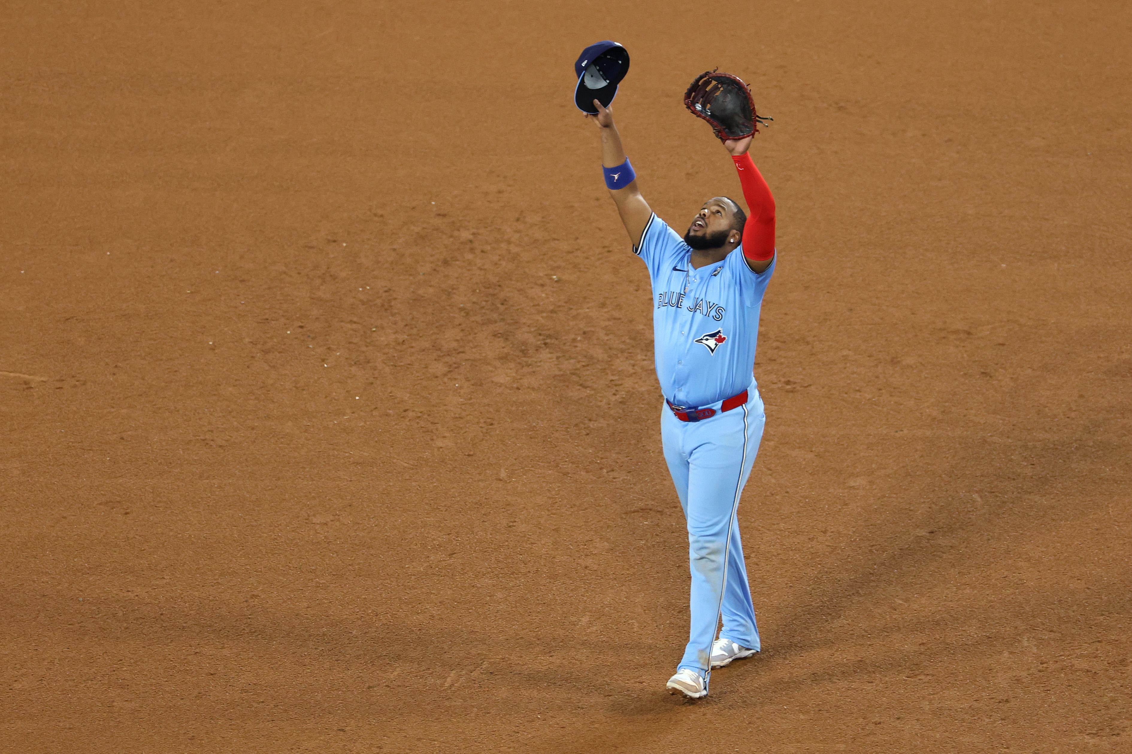 Vladimir Guerrero Jr. #27 of the Toronto Blue Jays reacts after the final out of the game against the Los Angeles Dodgers in game four of the 2025 World Series at Dodger Stadium on October 28, 2025 in Los Angeles, California