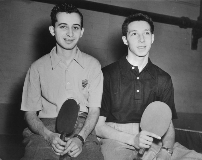(Original Caption) Richard Miles (left) Marty Reisman, both of New york, are practicing in London for the World Championships in table tennis, to be held in Wembley, February 4, 1948. Miles is U.S. Champ; Reisman is past U.S. National Junior Champ, presnet Canadian Junior and Men's Champ.