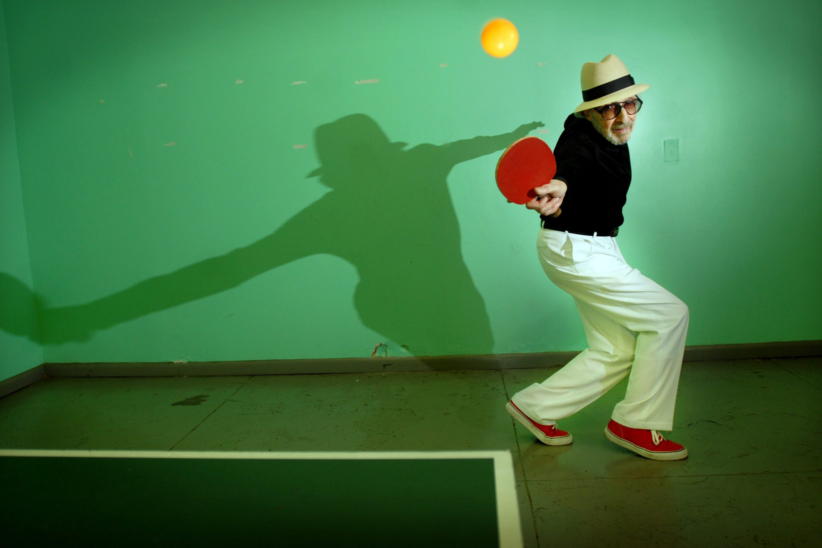 Marty Reisman, holder of 18 International and US National table tennis titles, and author of the 1974 book "The Money Player" in which he described his life traveling the world, playing high-stakes matches. Reisman won the 1997 United States National Hardbat championship. Now at age 77, he is probably the oldest person ever to win an open US national title in a racquet sport. (Photo by Neville Elder/Corbis via Getty Images)