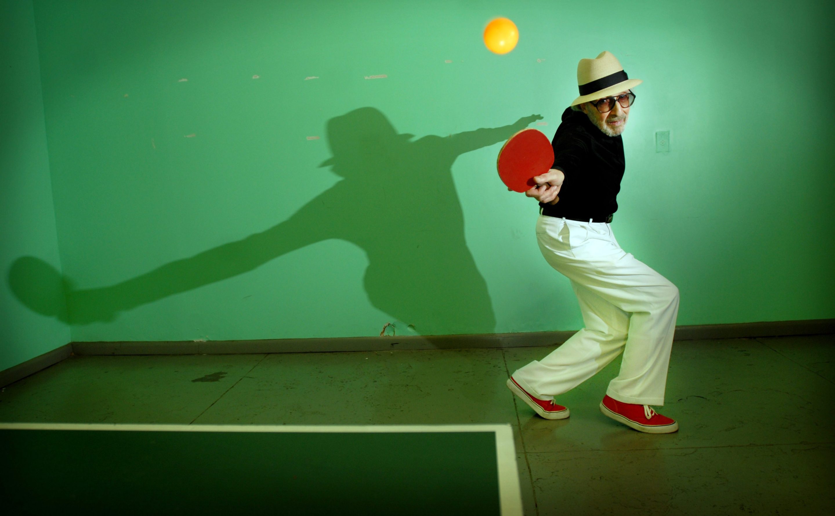 Marty Reisman, holder of 18 International and US National table tennis titles, and author of the 1974 book "The Money Player" in which he described his life traveling the world, playing high-stakes matches. Reisman won the 1997 United States National Hardbat championship. Now at age 77, he is probably the oldest person ever to win an open US national title in a racquet sport. (Photo by Neville Elder/Corbis via Getty Images)