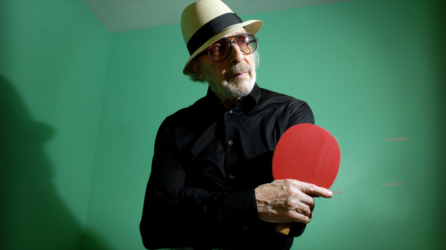 Marty Reisman, holder of 18 International and US National table tennis titles, and author of the 1974 book "The Money Player" in which he described his life traveling the world, playing high-stakes matches. Reisman won the 1997 United States National Hardbat championship. Now at age 77, he is probably the oldest person ever to win an open US national title in a racquet sport. (Photo by Neville Elder/Corbis via Getty Images)