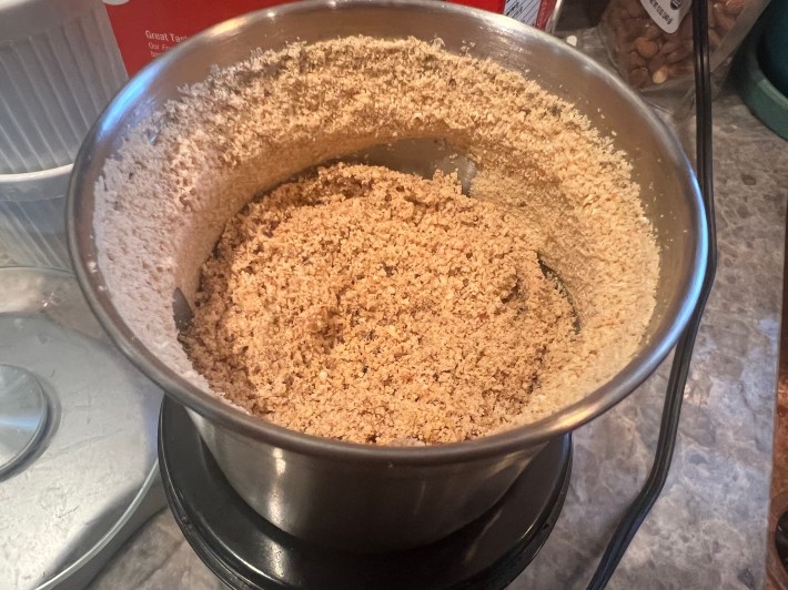 Ground almonds in a spice blender.