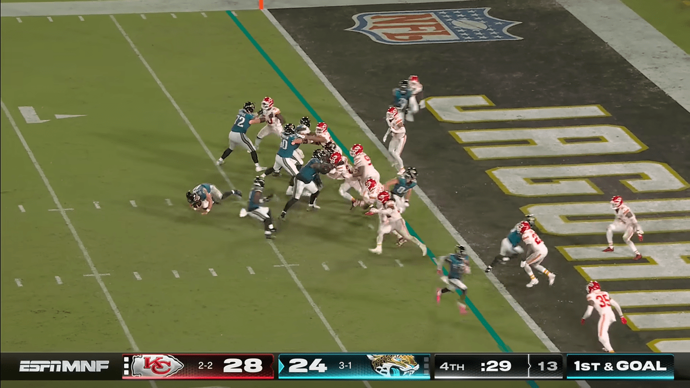 Trevor Lawrence on the ground during a Chiefs-Jaguars play