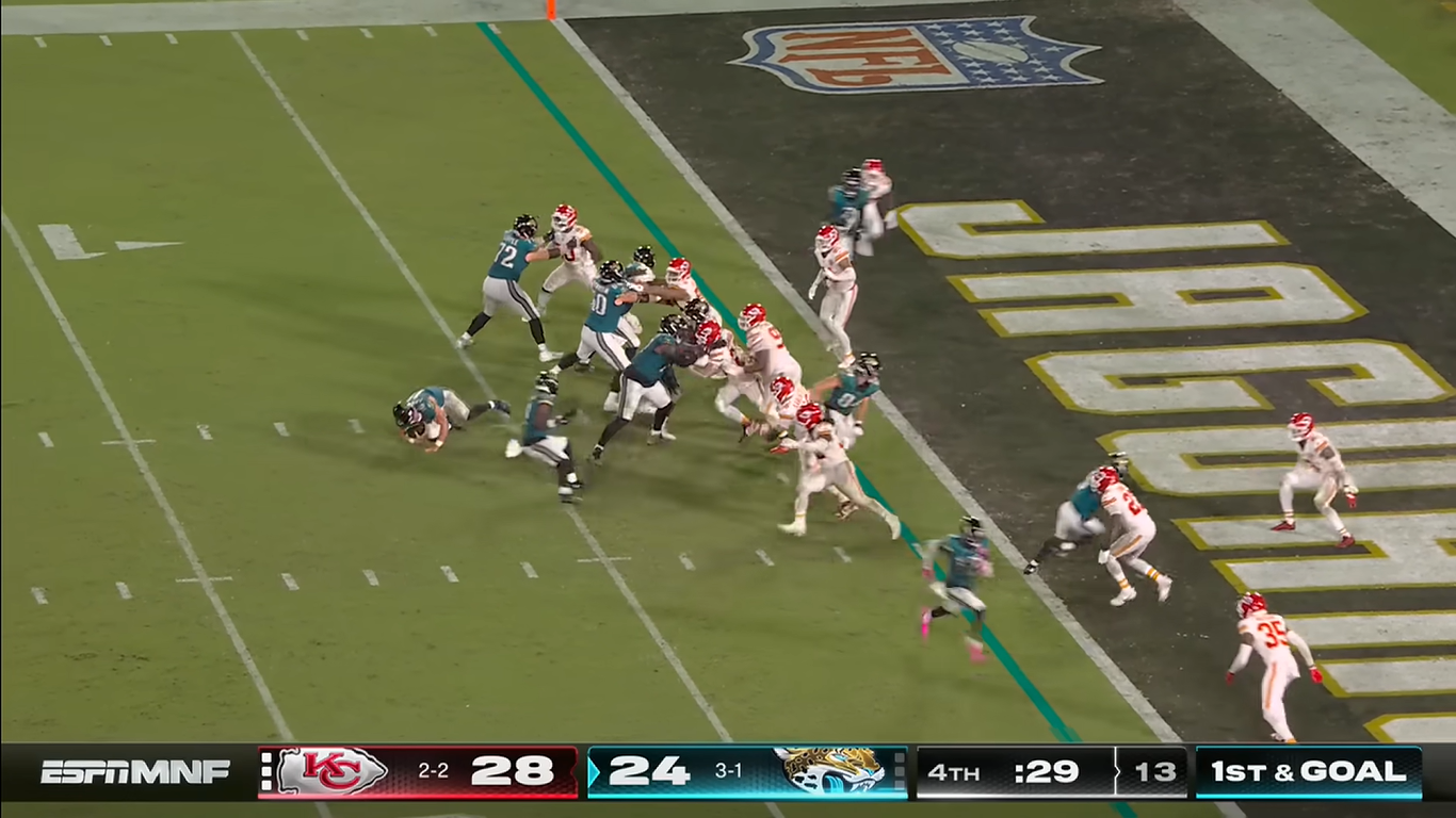 Trevor Lawrence on the ground during a Chiefs-Jaguars play