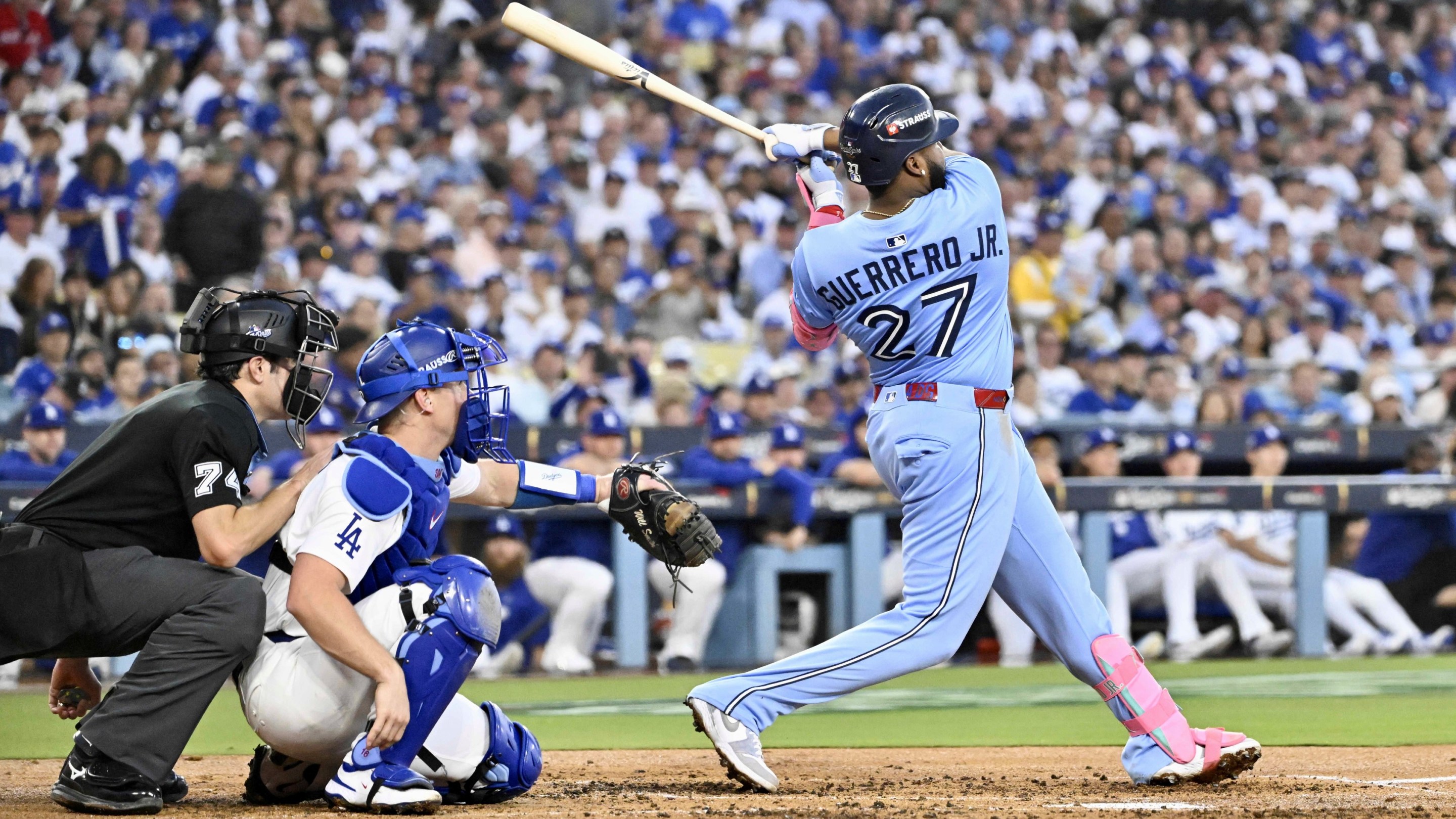 Vladimir Guerrero Jr. #27 of the Toronto Blue Jays hits a two run home run against the Los Angeles Dodgers.
