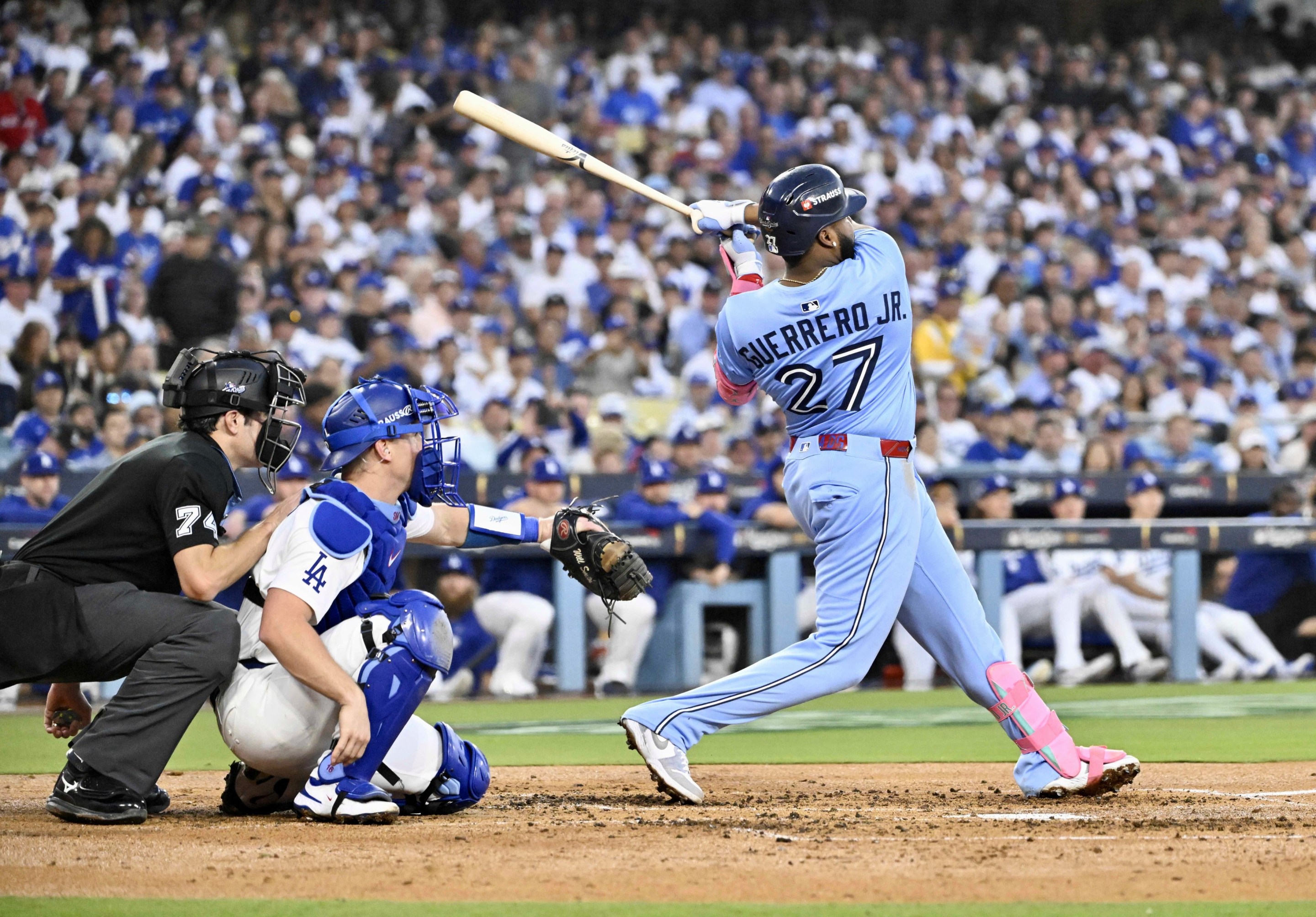 Vladimir Guerrero Jr. #27 of the Toronto Blue Jays hits a two run home run against the Los Angeles Dodgers.