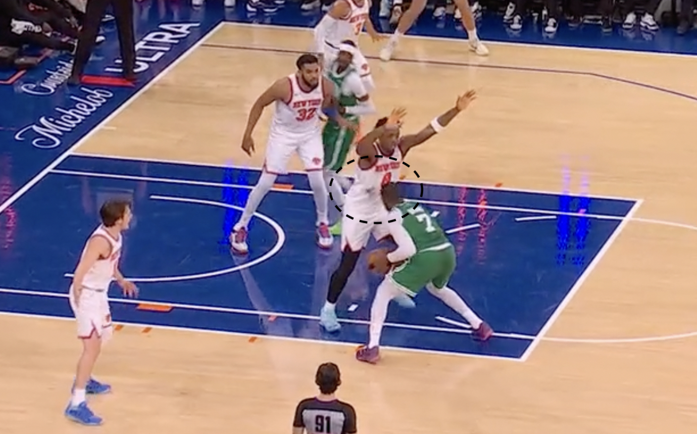 A circle around the mark Jaylen Brown left on OG Anunoby's jersey during a game