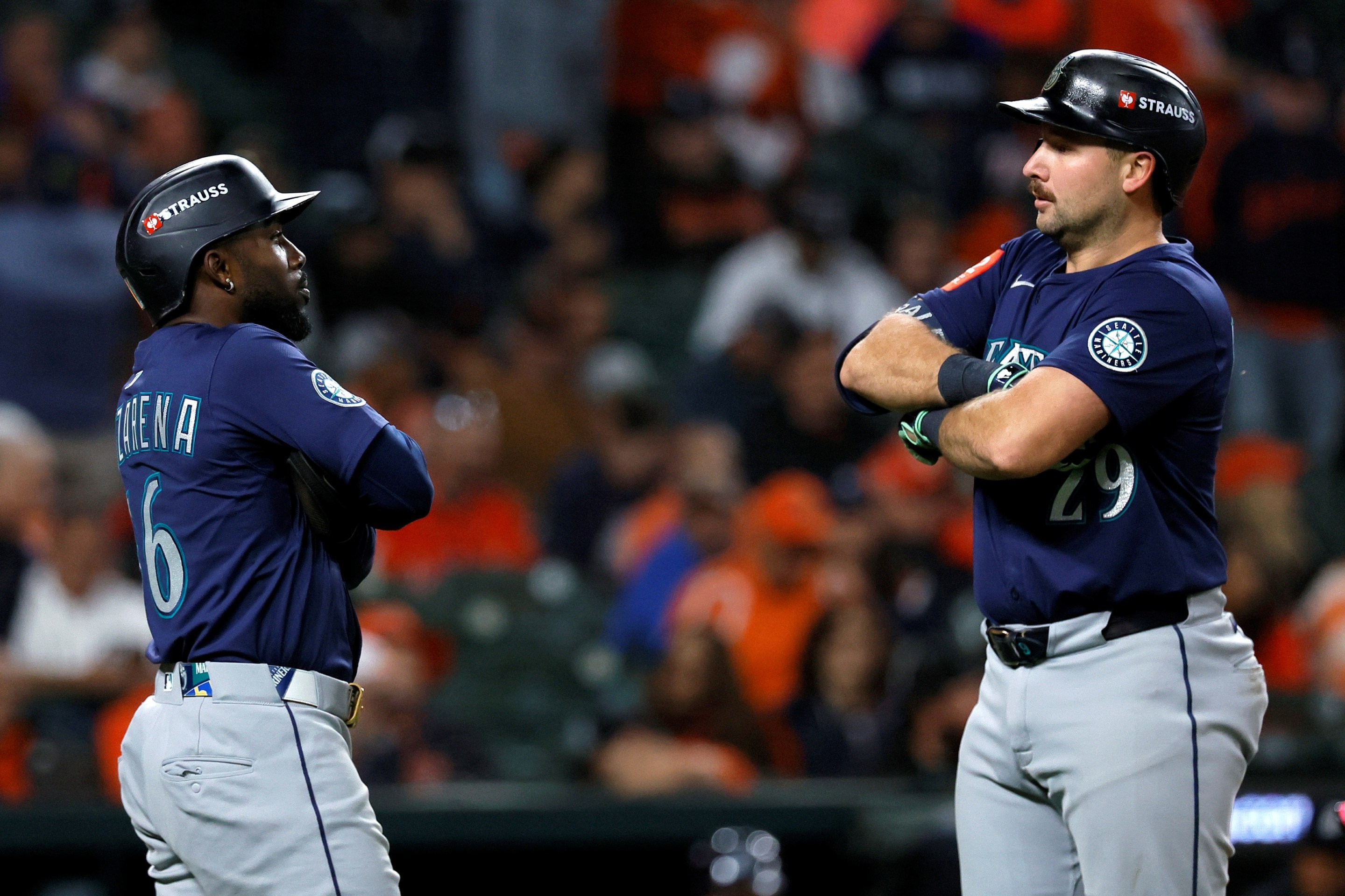 Cal Raleigh #29 of the Seattle Mariners celebrates with Randy Arozarena #56 after hitting a two-run home run.
