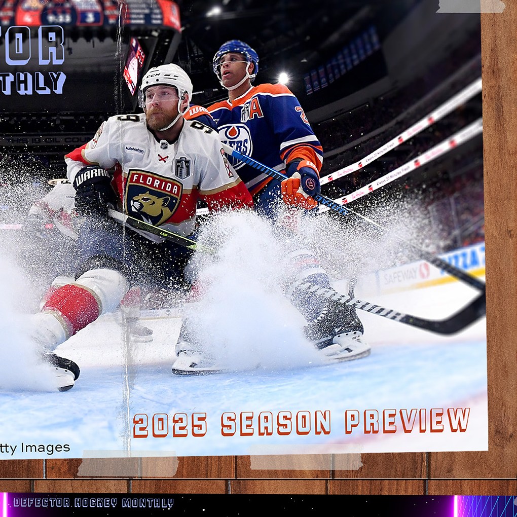 Posters of Connor McDavid and Kirill Kaprizov and a tear-out centerfold of "Defector Hockey Monthly 2025 season preview"
