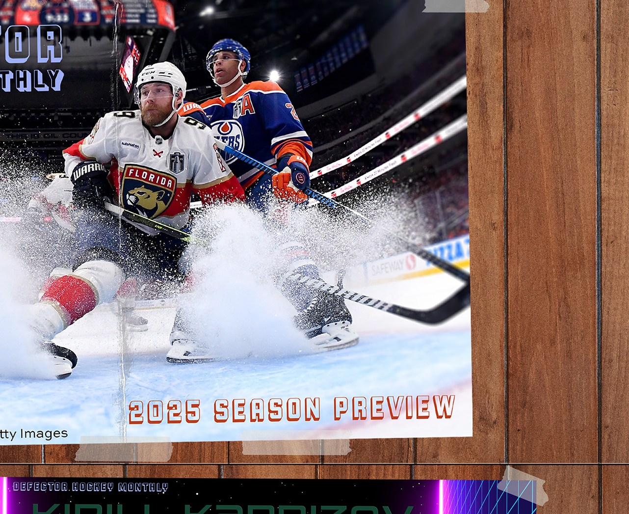 Posters of Connor McDavid and Kirill Kaprizov and a tear-out centerfold of "Defector Hockey Monthly 2025 season preview"