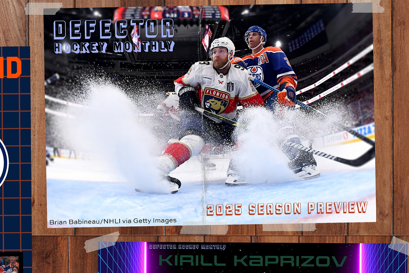 Posters of Connor McDavid and Kirill Kaprizov and a tear-out centerfold of "Defector Hockey Monthly 2025 season preview"