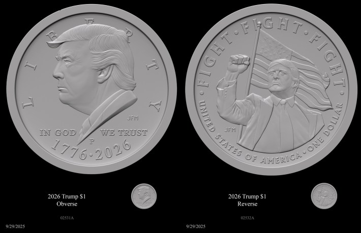 The obverse and reverse sides of the Trump coin, showing Trump's profile on the left and the raised-fist image on the right.