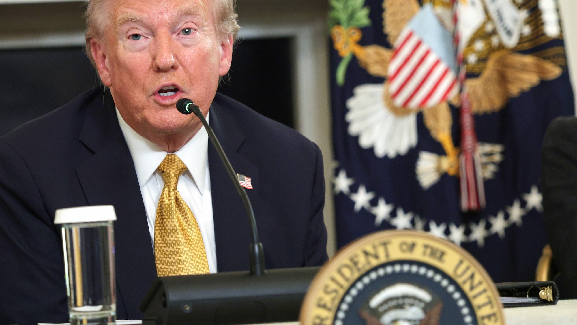 Donald Trump delivers an announcement on his Homeland Security Task Force in the State Dining Room of the White House on October 23, 2025 in Washington, DC